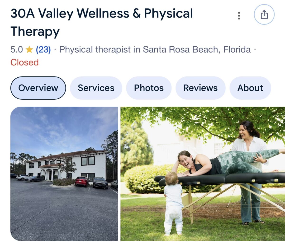 Google Business Profile for 30A Valley Wellness & Physical Therapy showing 5.0 stars