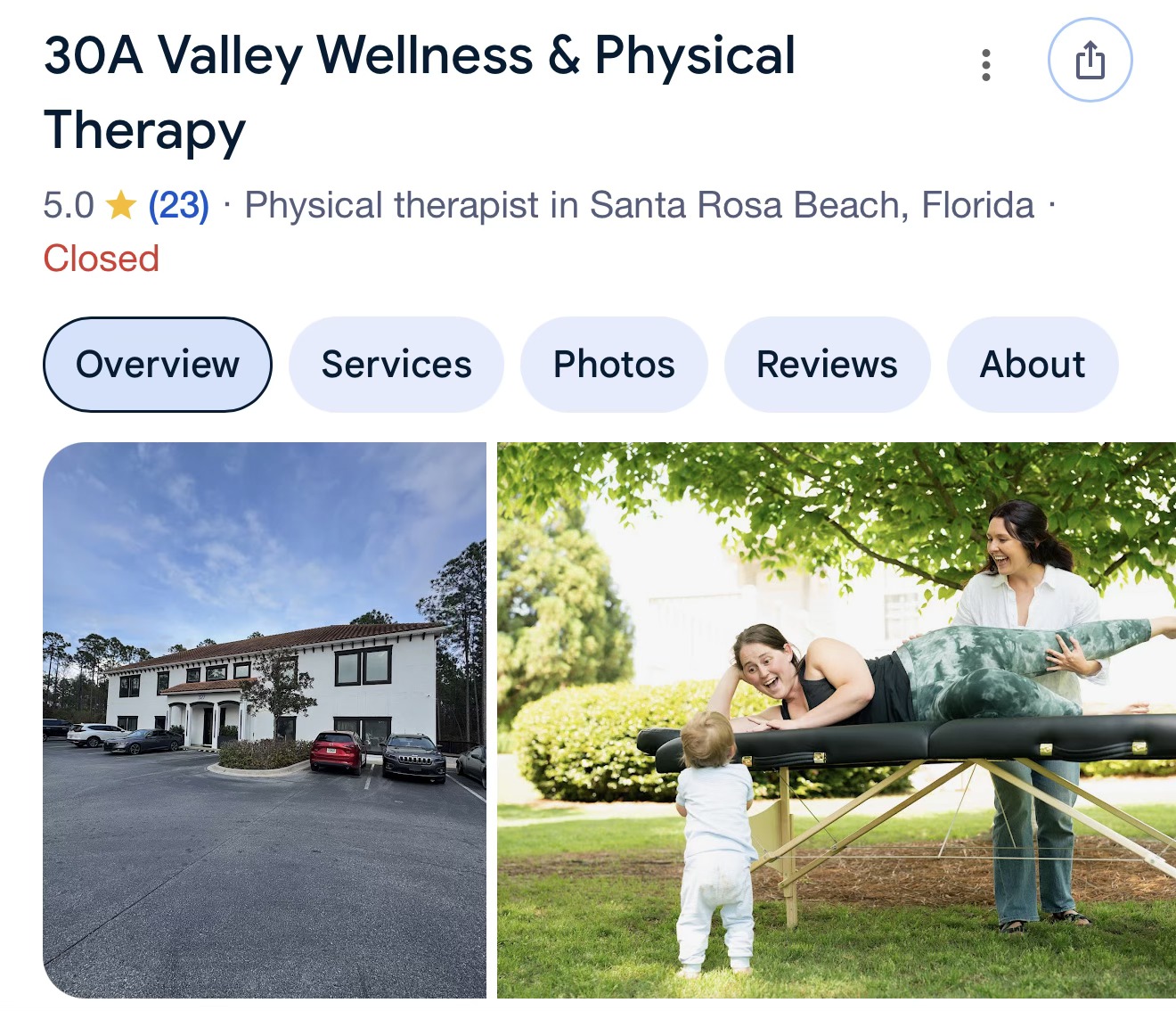 Google Business Profile for 30A Valley Wellness & Physical Therapy showing 5.0 stars