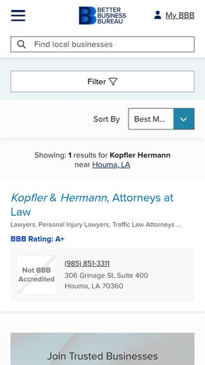 BBB mobile listing for Kopfler & Hermann showing consistent NAP and A+ rating