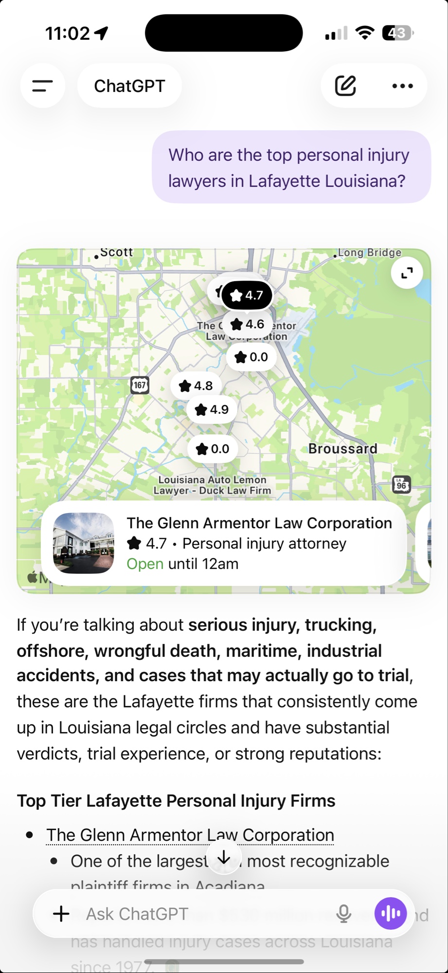 ChatGPT mobile answer recommending personal injury lawyers in Lafayette with a short list of firms and rationale
