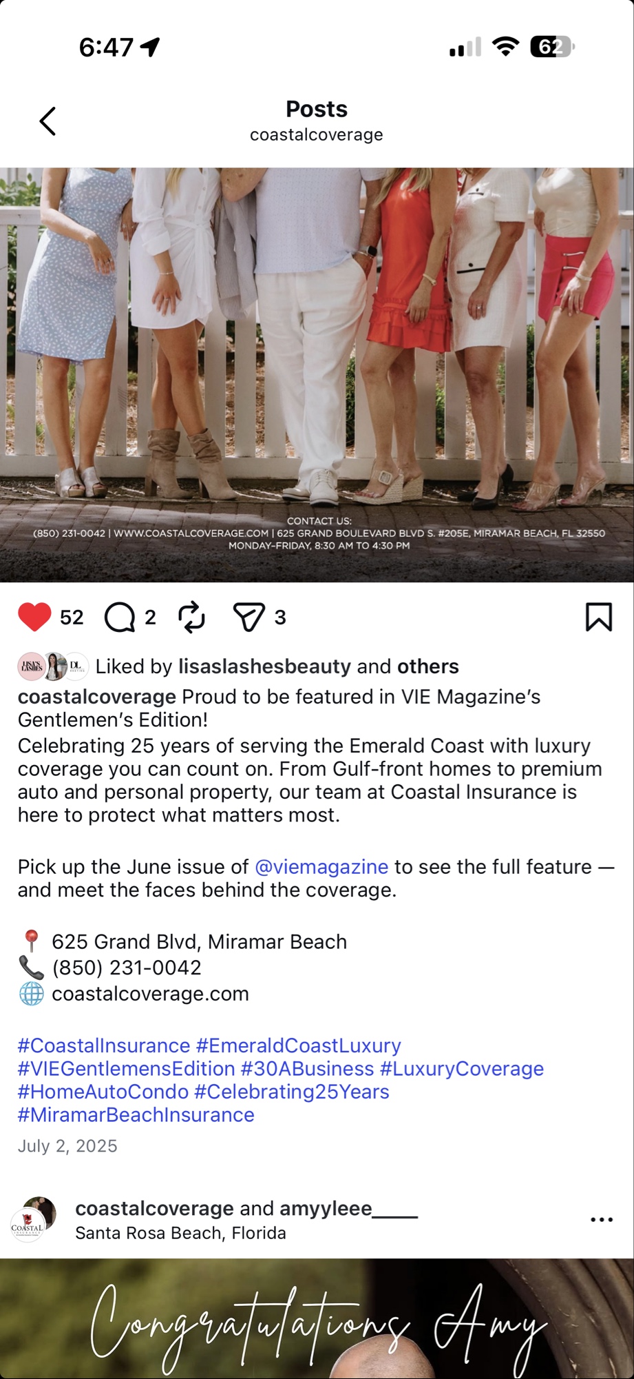 Instagram post designed for Coastal Insurance