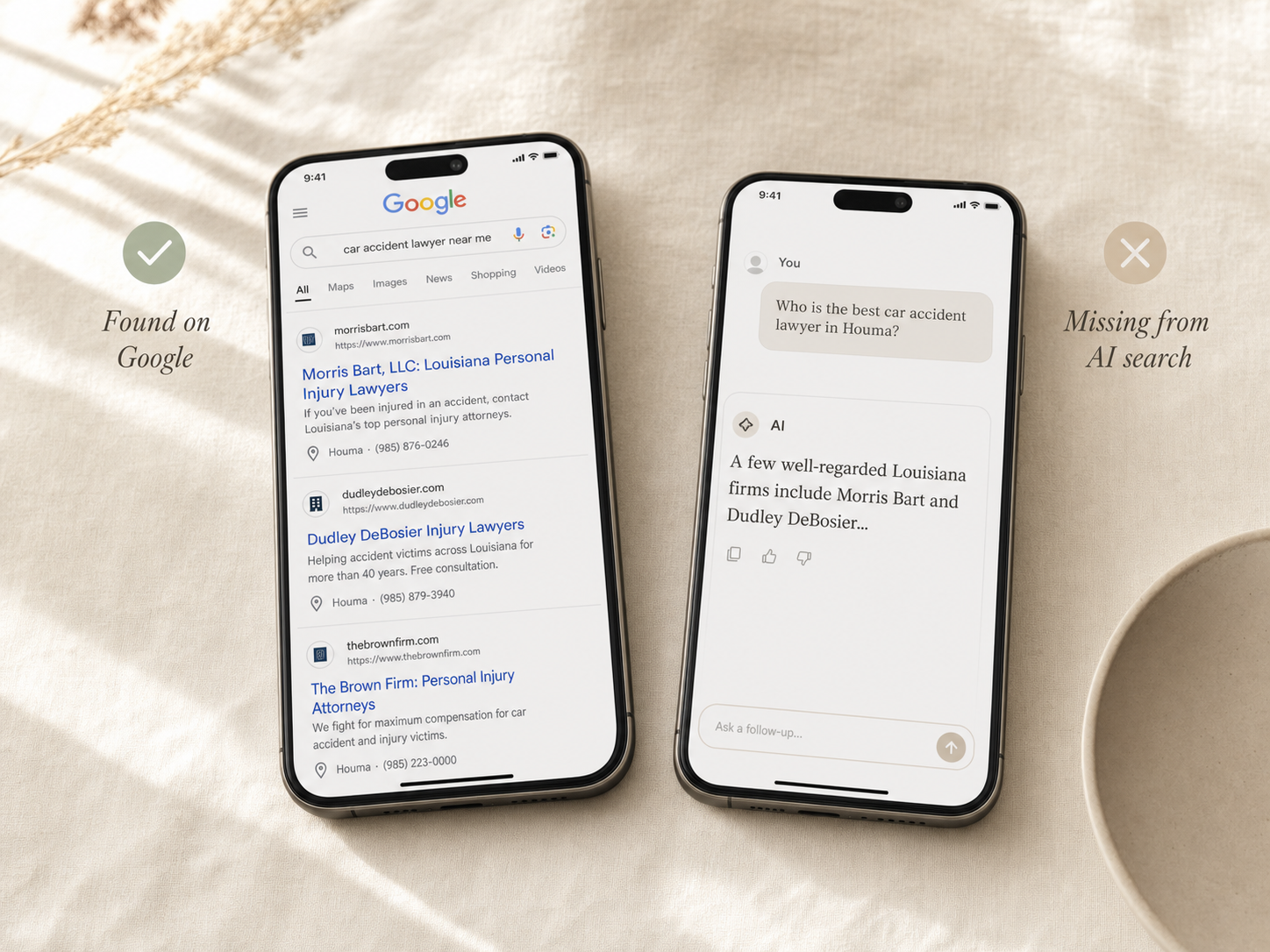 Two phones side by side. Left phone shows Google search results with a Louisiana law firm at the top. Right phone shows AI search recommending the same firm. Architected visibility on both surfaces.
