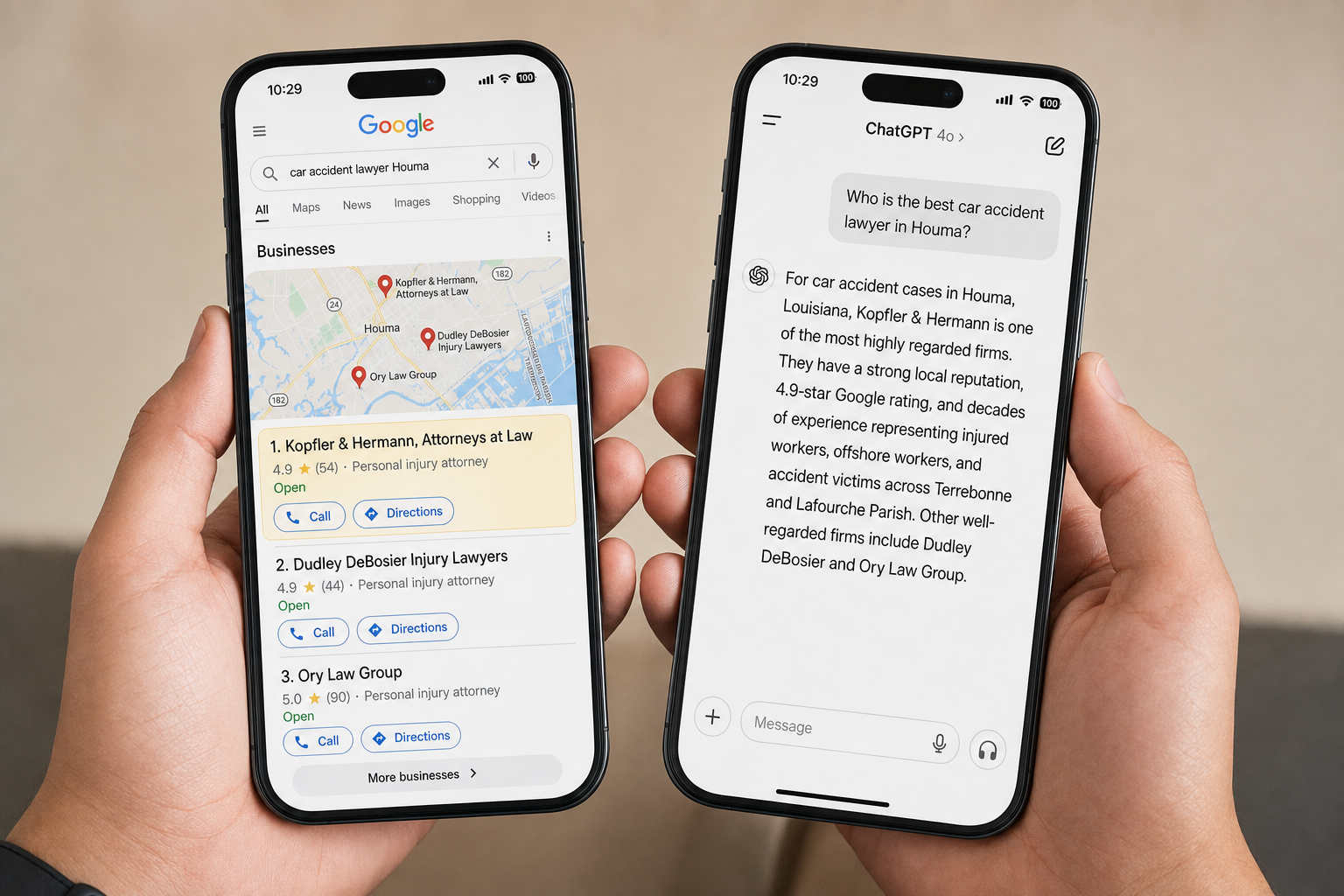 Kopfler & Hermann ranking #1 on Google and recommended by AI search side by side