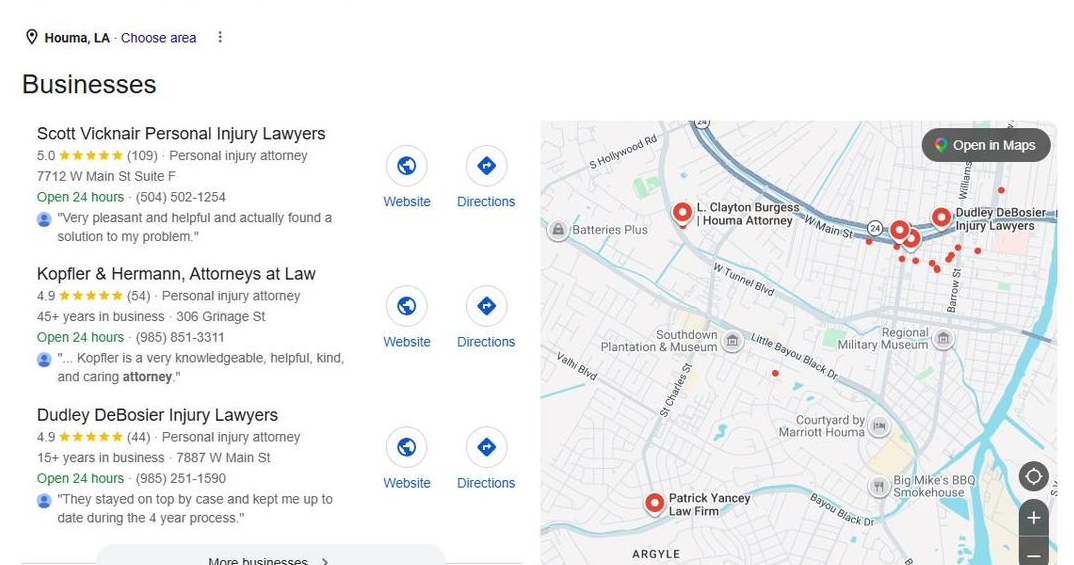 Live Google Map Pack showing Kopfler & Hermann ranked #2 for personal injury attorney Houma