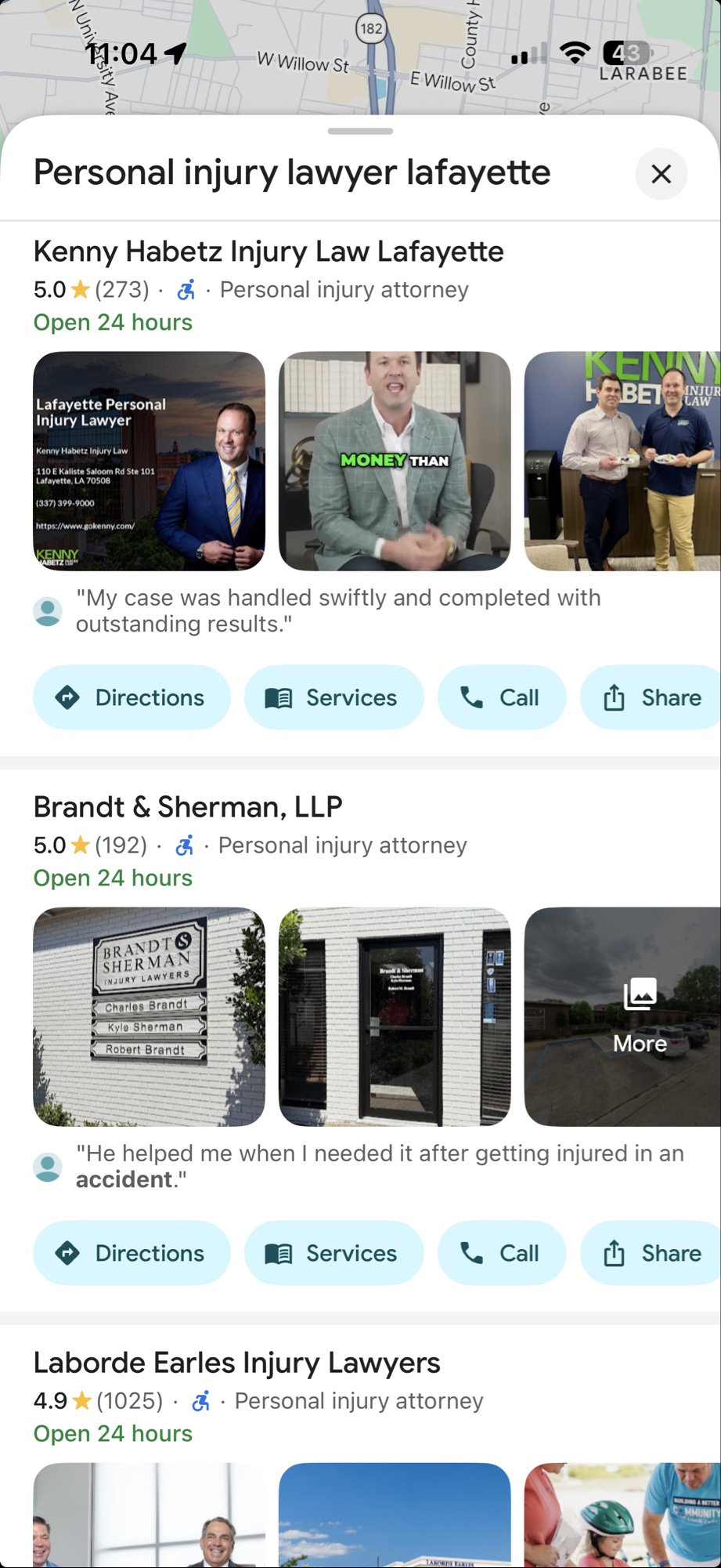 Mobile Google Maps 3-pack for personal injury lawyer Lafayette with three firms ranked, reviews and map