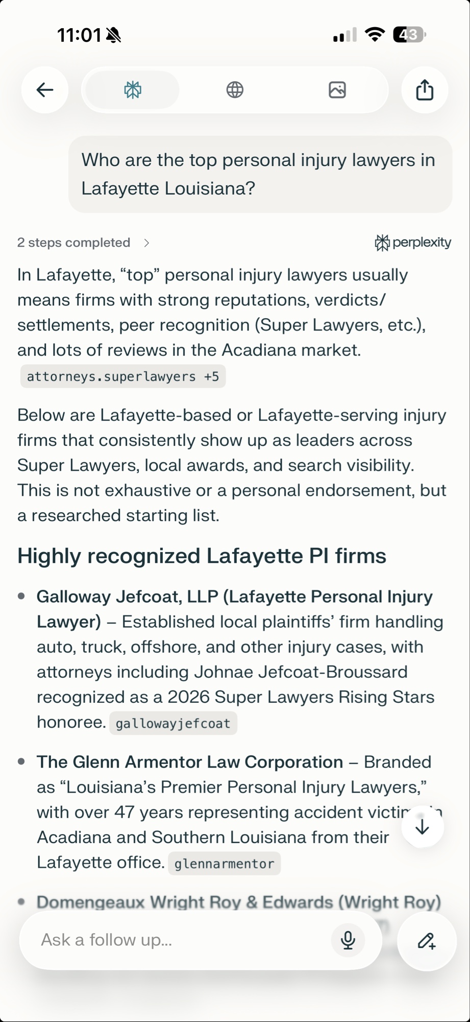 Perplexity mobile answer recommending best personal injury lawyers Lafayette with cited sources and follow-up questions