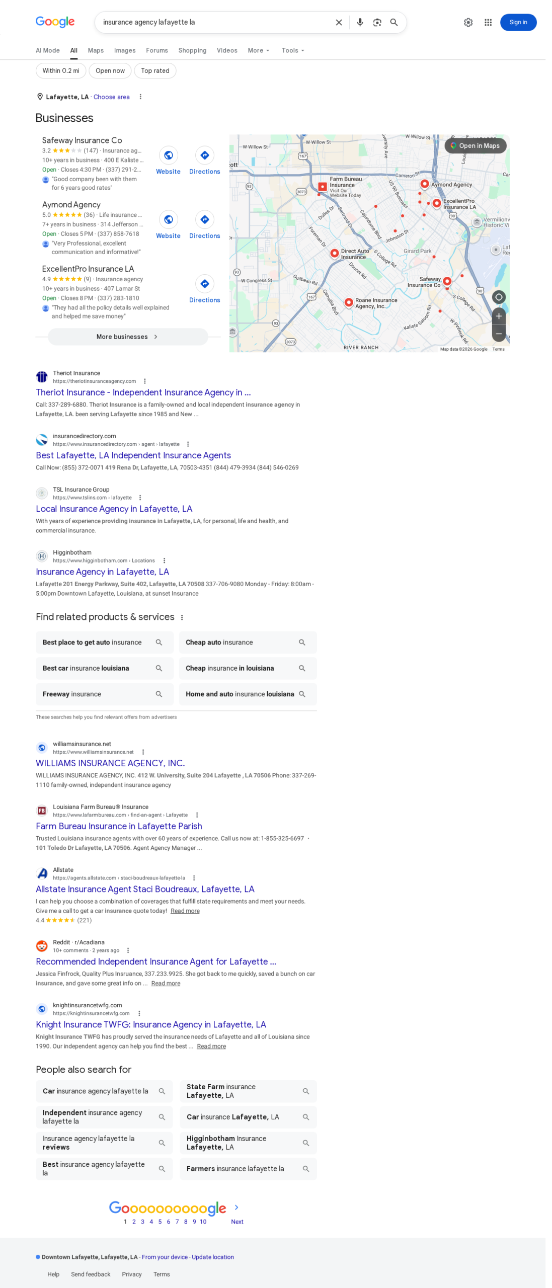 Insurance agency Lafayette LA Google search showing Map Pack with Safeway Insurance, Aymond Agency, ExcellentPro and organic listings from Theriot Insurance, TSL, Higginbotham, Farm Bureau, Allstate