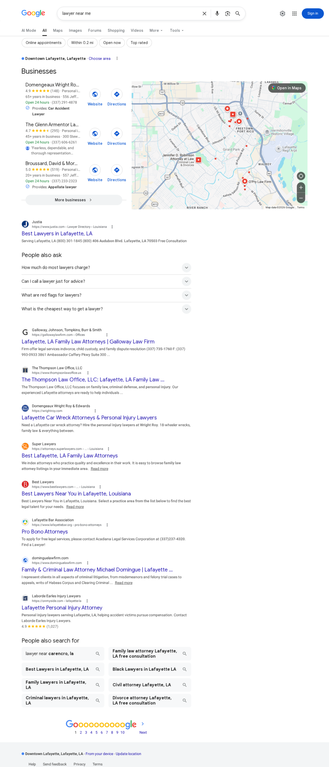 Lawyer near me Google search from Downtown Lafayette showing Map Pack with Domengeaux Wright Roy, The Glenn Armentor, and Broussard David Moroux before any organic results