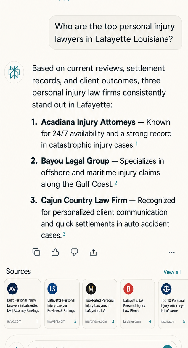 Perplexity AI search recommending local firms
