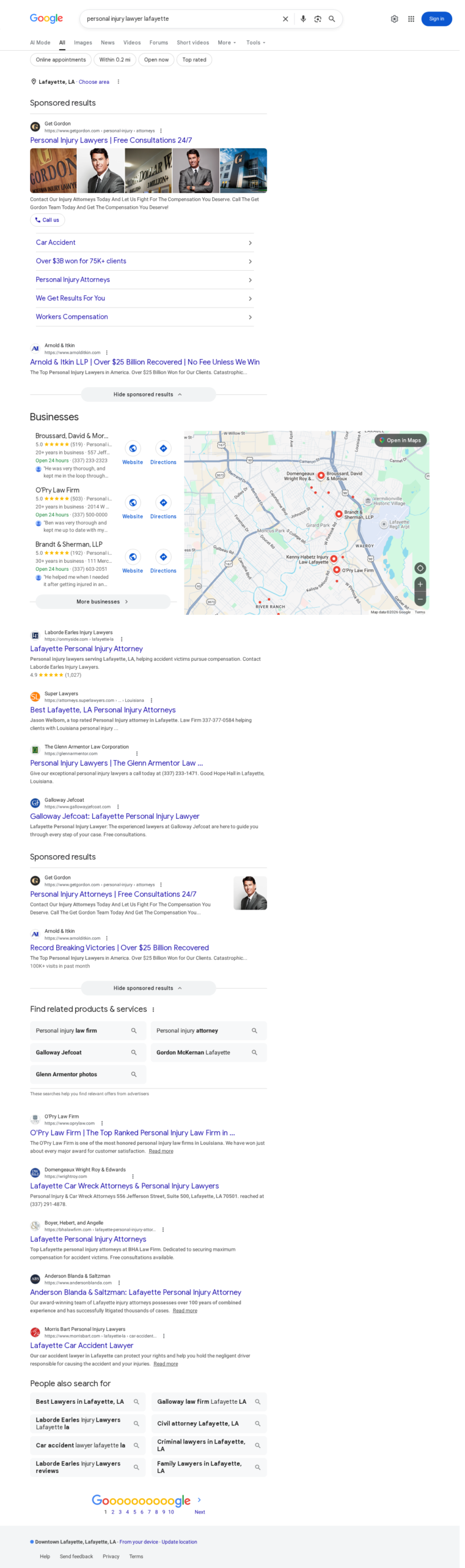 Personal injury lawyer Lafayette Google search showing Get Gordon paid ad with image extensions at top, then Map Pack, then organic results, then another sponsored block