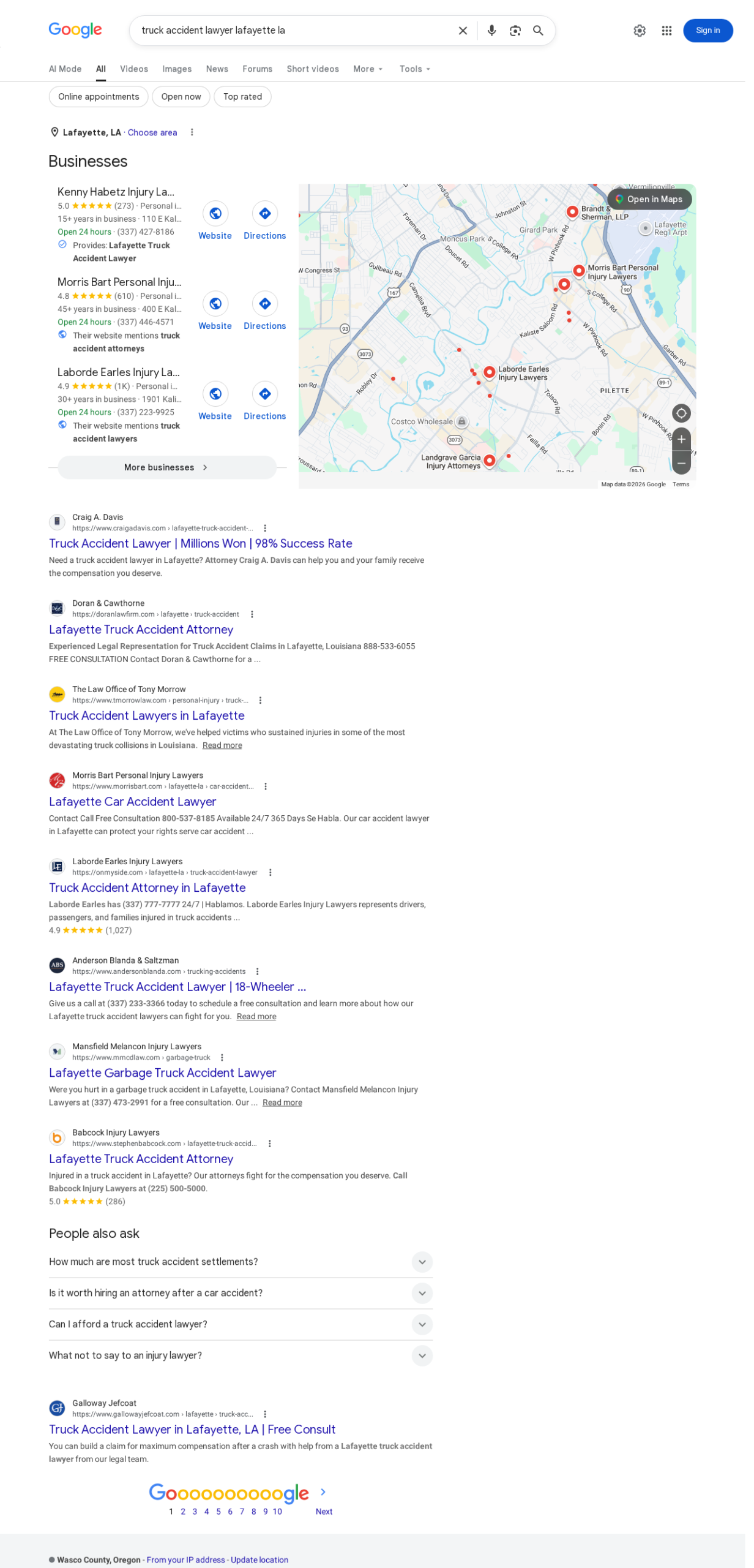 Truck accident lawyer Lafayette LA Google search showing Map Pack and full organic results with Craig A. Davis, Doran & Cawthorne, Tony Morrow, Morris Bart, Laborde Earles