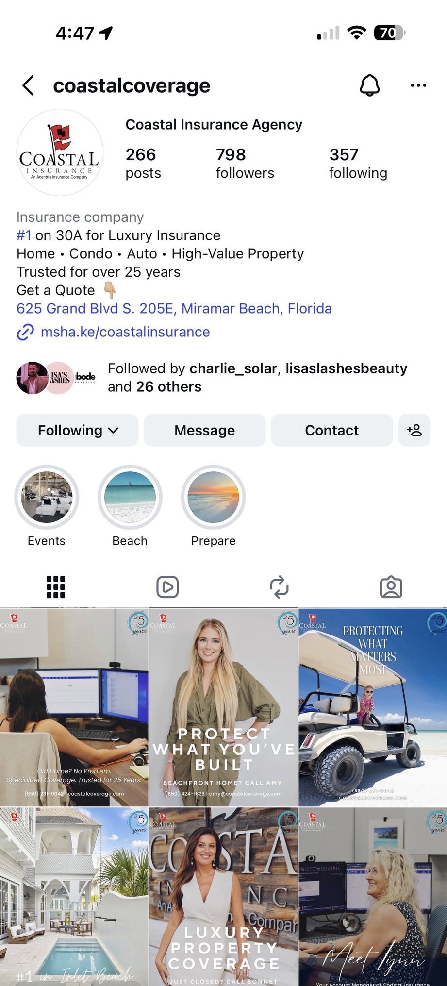 Coastal Insurance Agency Instagram managed by Abode Marketing showing consistent social cadence