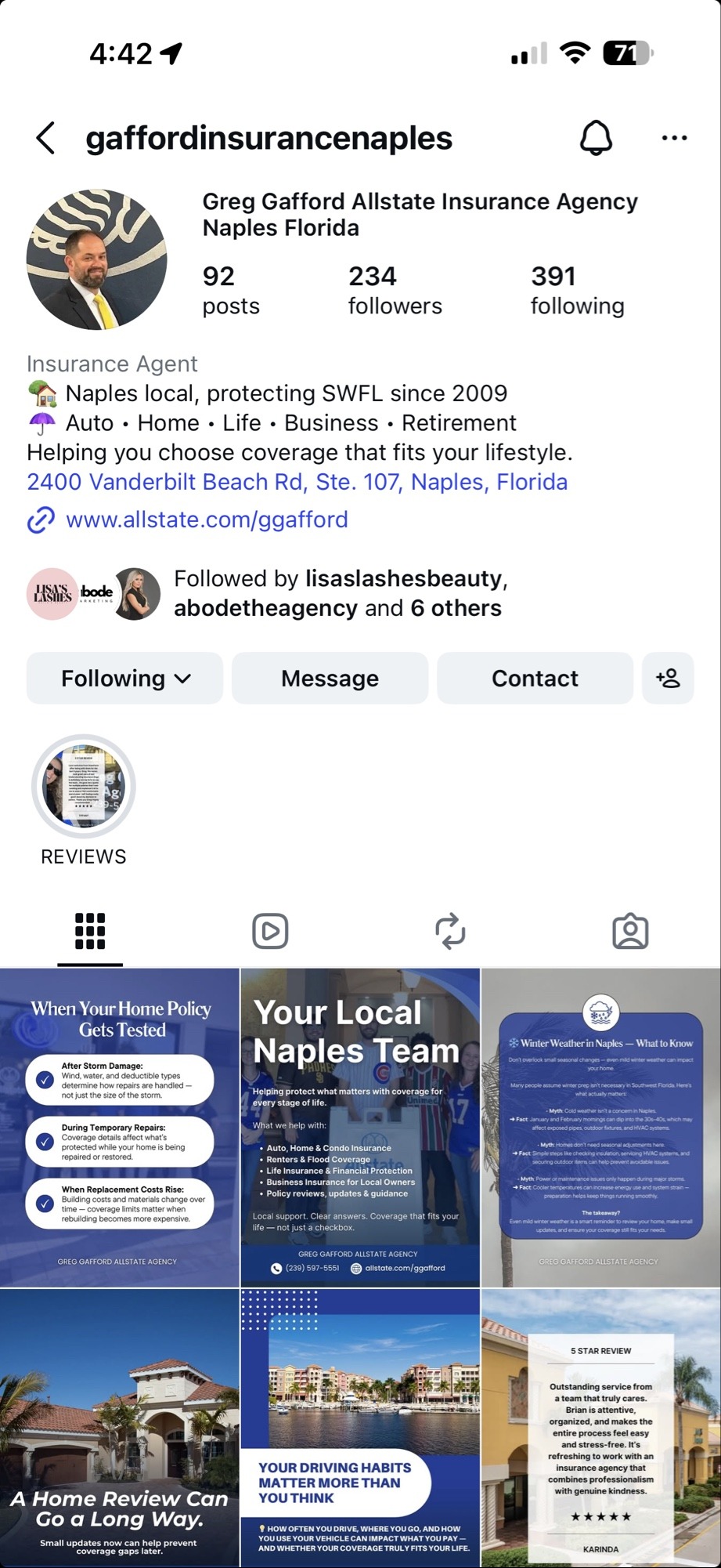 Gafford Insurance Agency Instagram profile built and managed by Abode Marketing