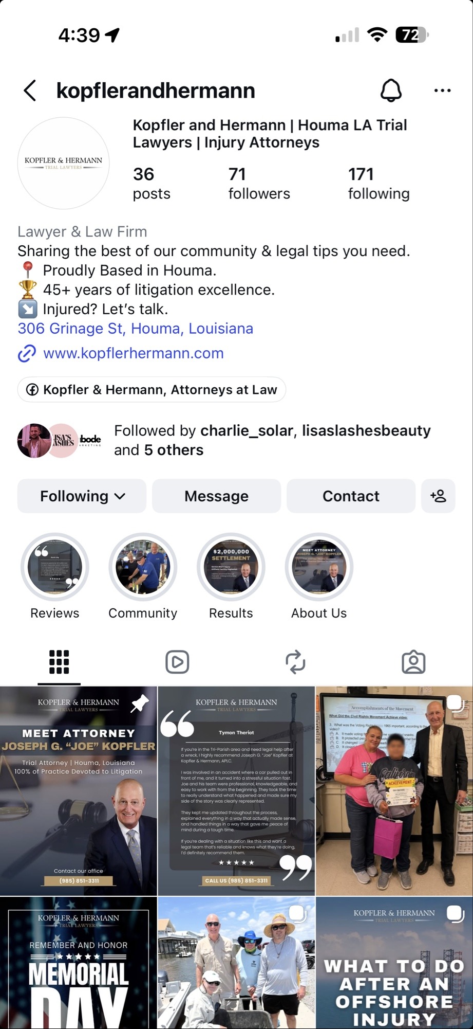Kopfler & Hermann, Personal Injury Lawyers Instagram profile built and run by Abode Marketing