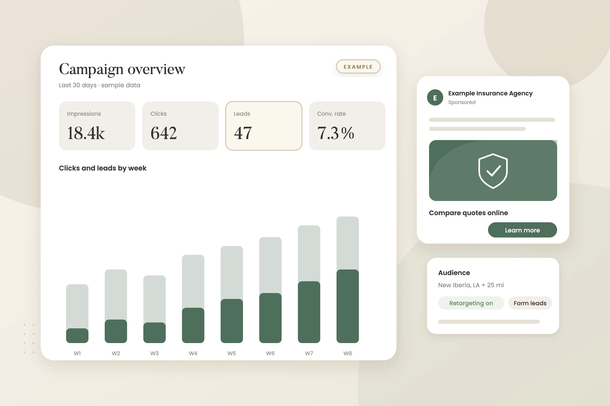 Example graphic: ad campaign performance card for a fictional insurance agency, shown with sample data