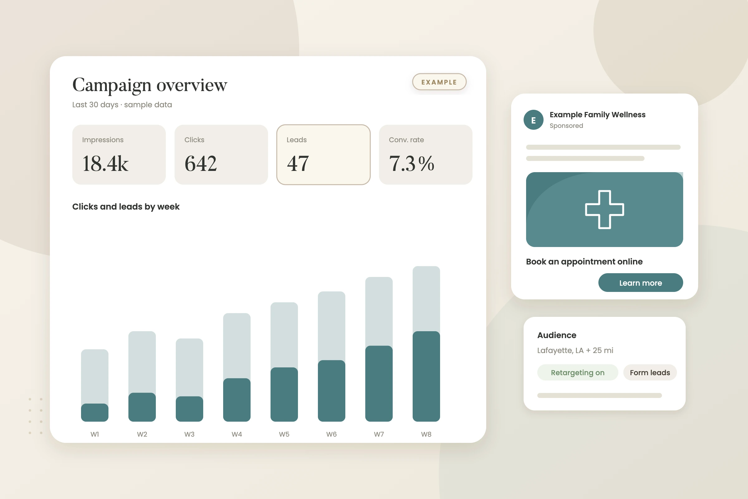 Example graphic: ad campaign performance card for a fictional physical therapy clinic, shown with sample data