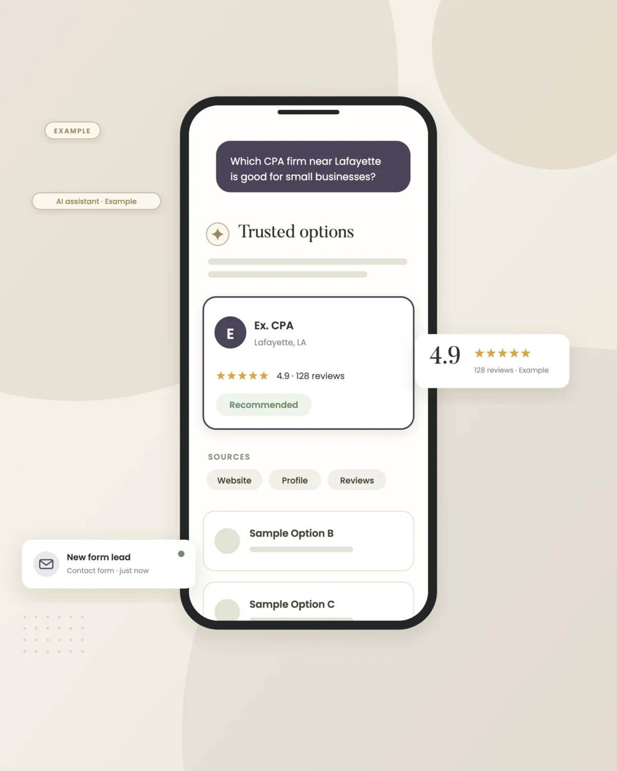 Example graphic: ai answer on a phone for a fictional CPA firm, shown with sample data