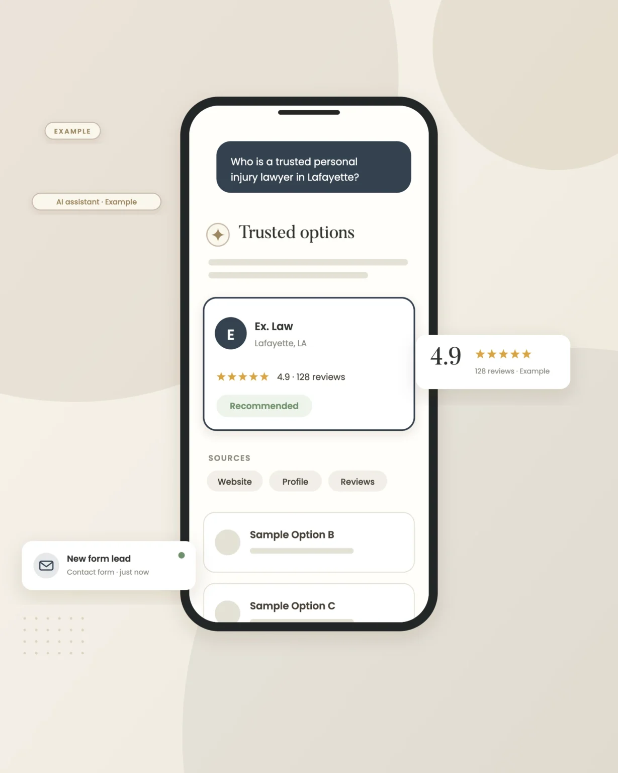 Example graphic: ai answer on a phone for a fictional law firm, shown with sample data