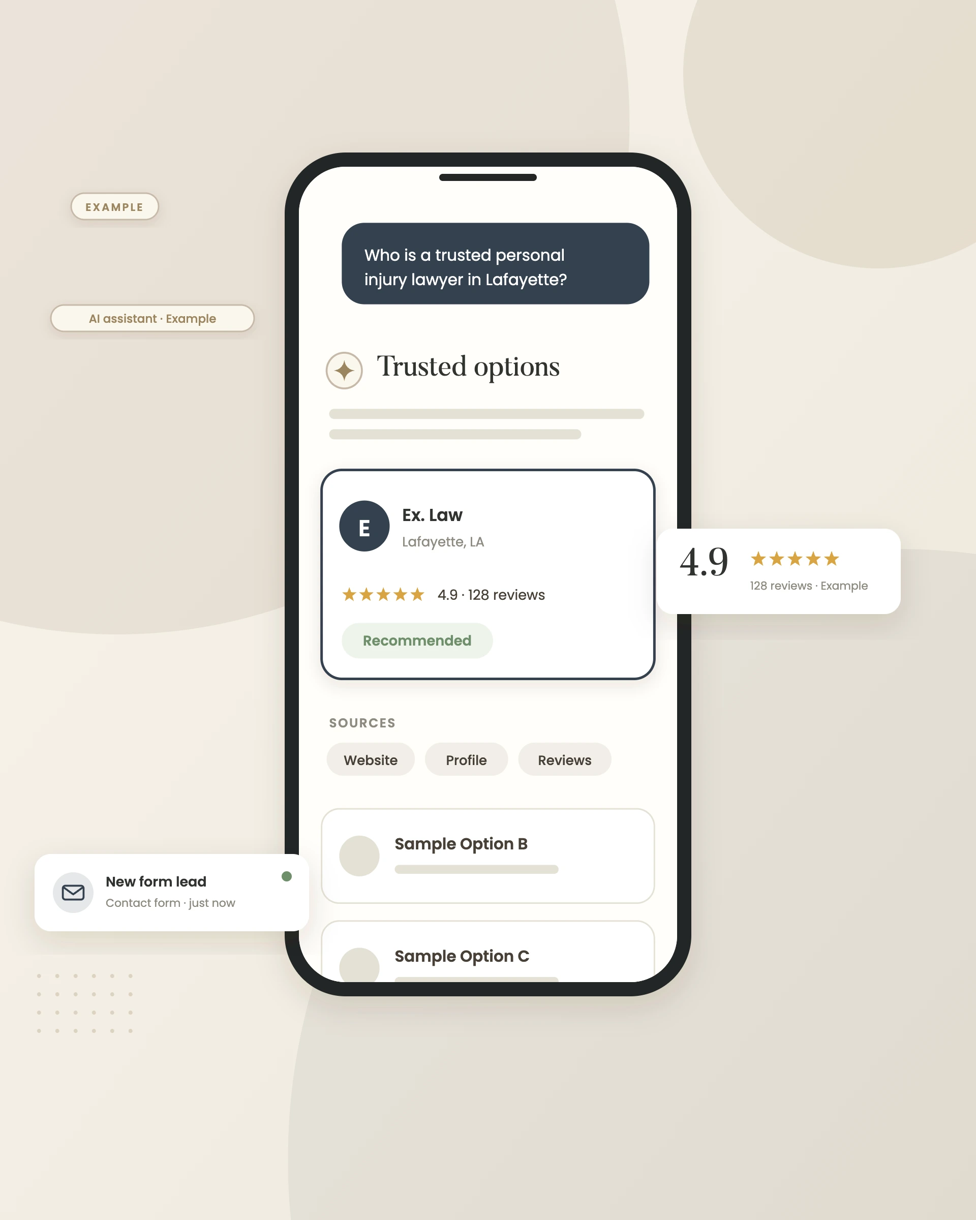 Example graphic: ai answer on a phone for a fictional law firm, shown with sample data