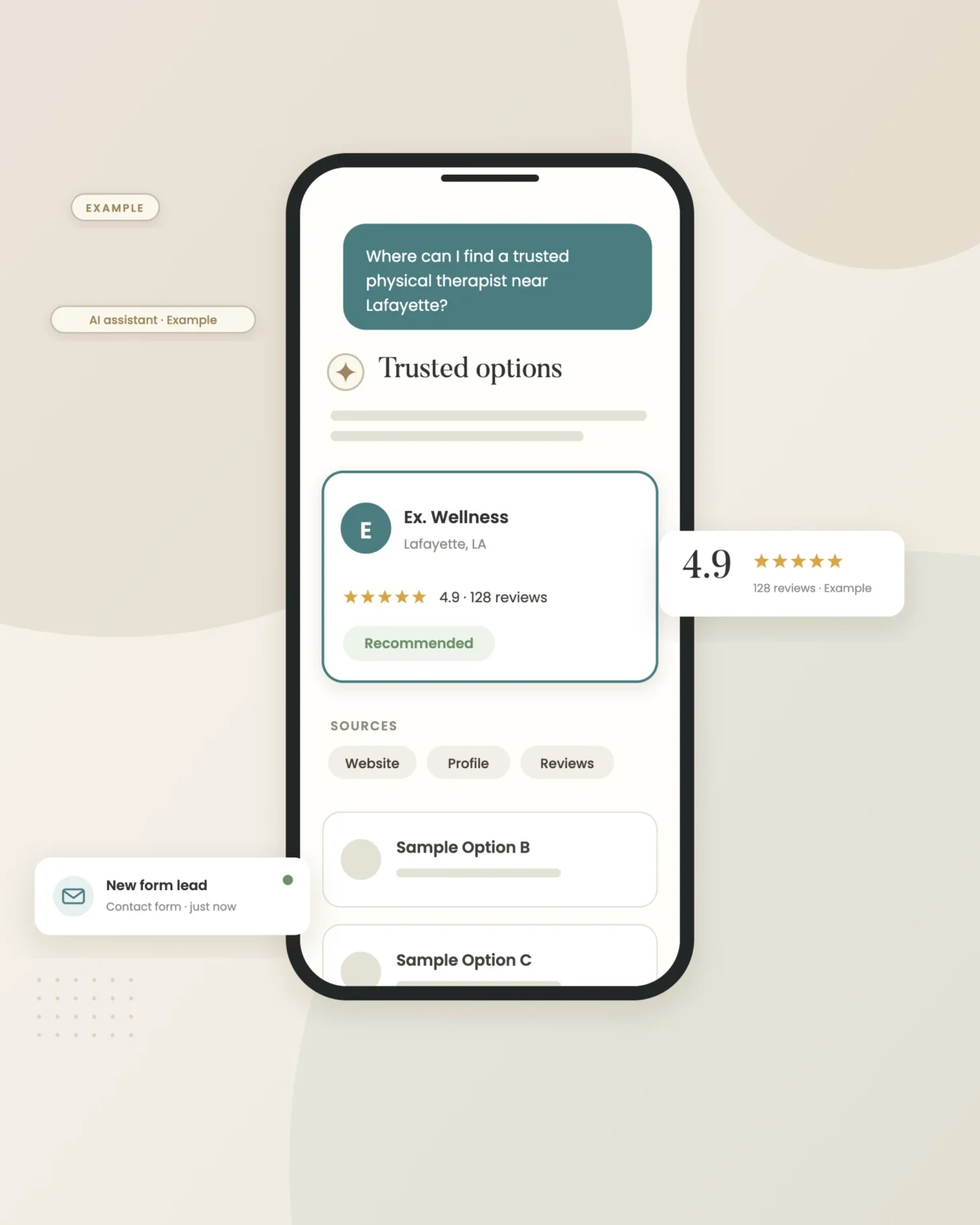 Example graphic: ai answer on a phone for a fictional physical therapy clinic, shown with sample data