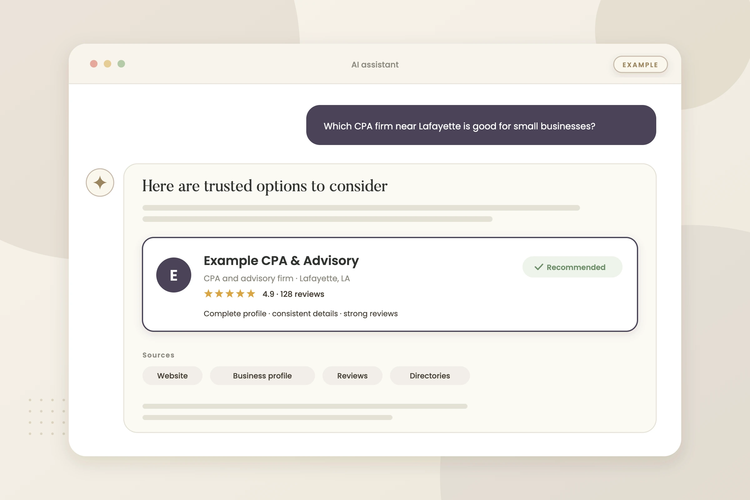 Example graphic: ai answer recommending a business for a fictional CPA firm, shown with sample data