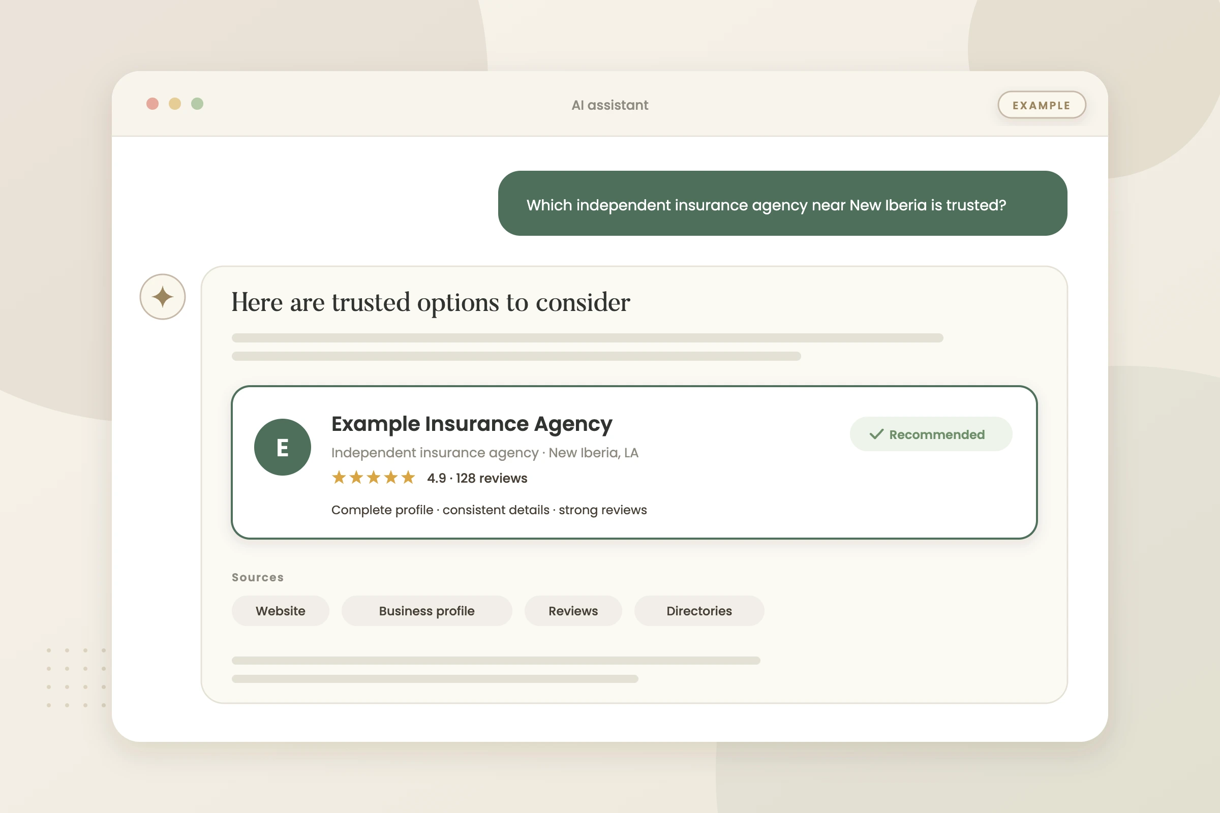 Example graphic: ai answer recommending a business for a fictional insurance agency, shown with sample data