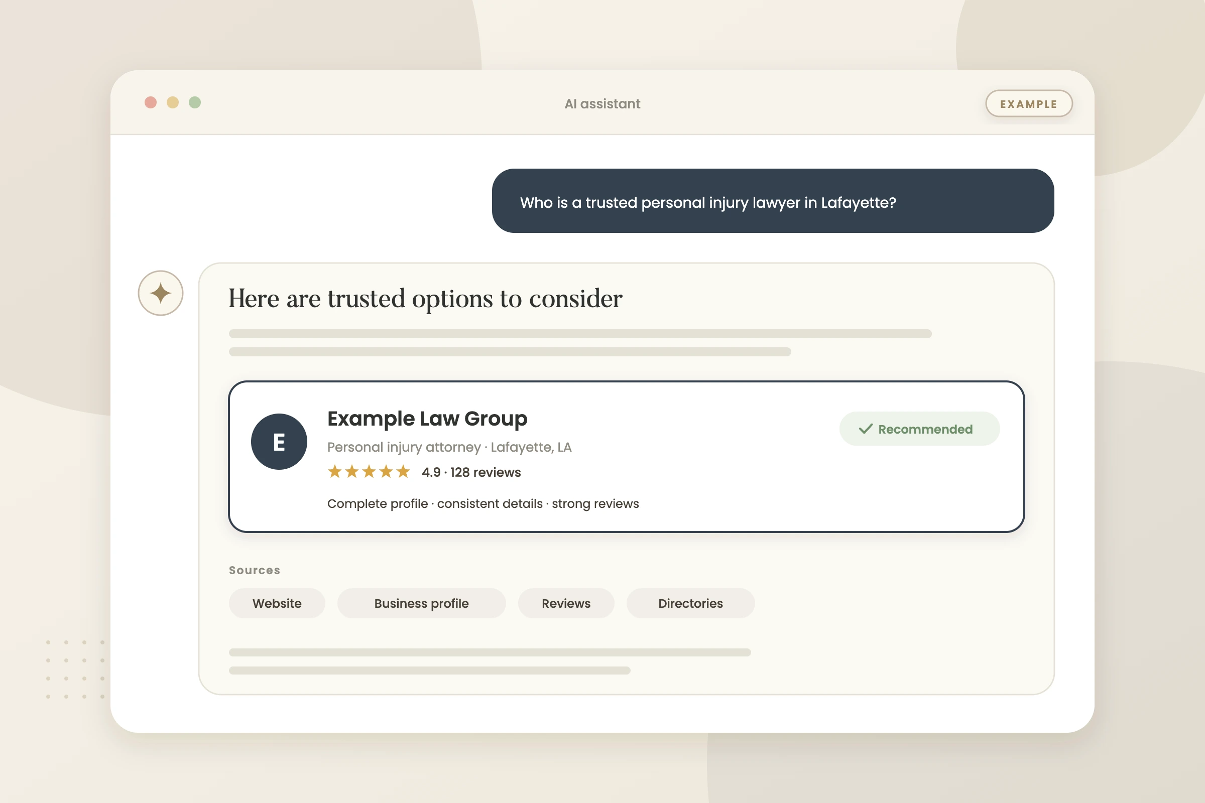 Example graphic: ai answer recommending a business for a fictional law firm, shown with sample data