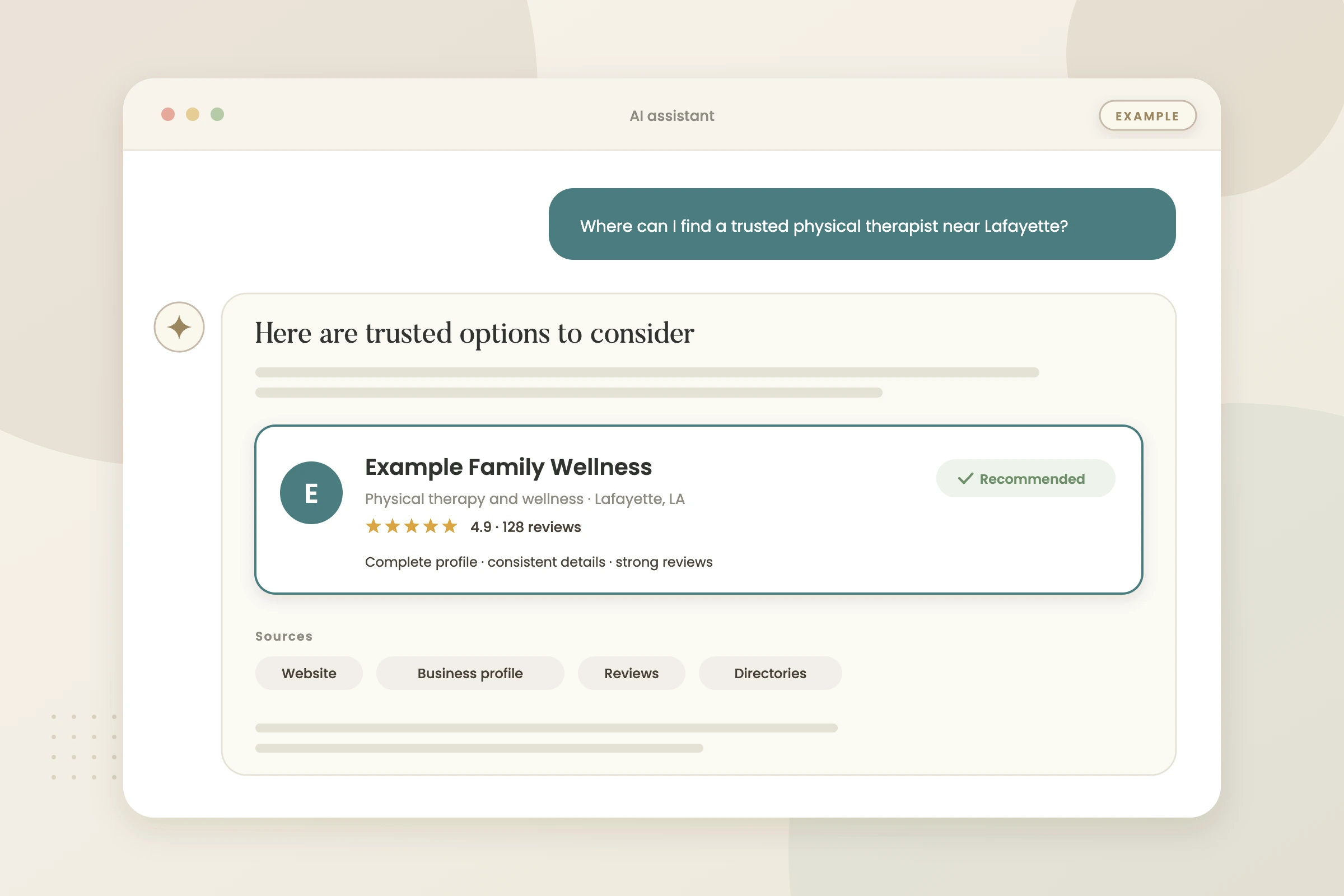 Example graphic: ai answer recommending a business for a fictional physical therapy clinic, shown with sample data