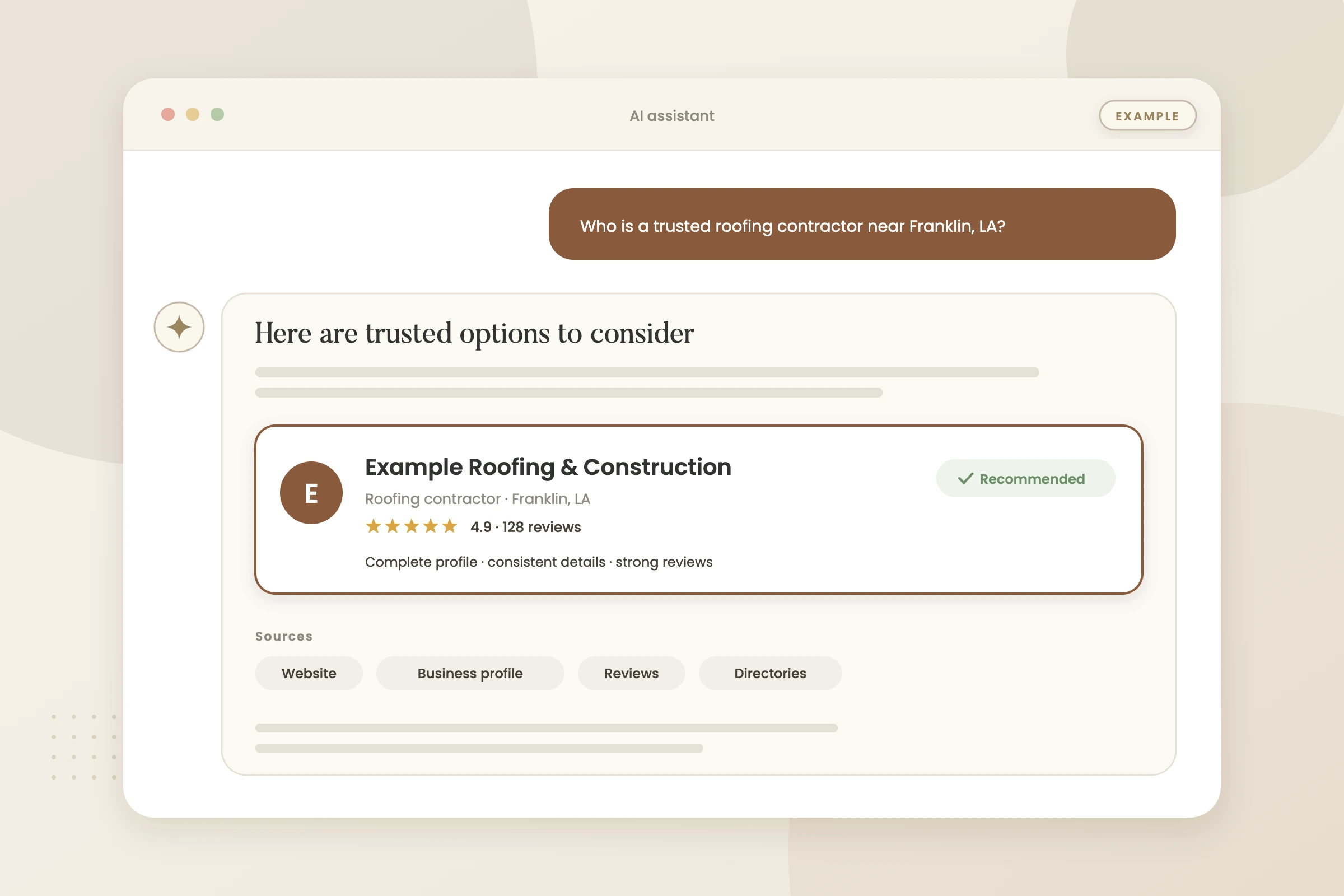 Example graphic: ai answer recommending a business for a fictional roofing company, shown with sample data