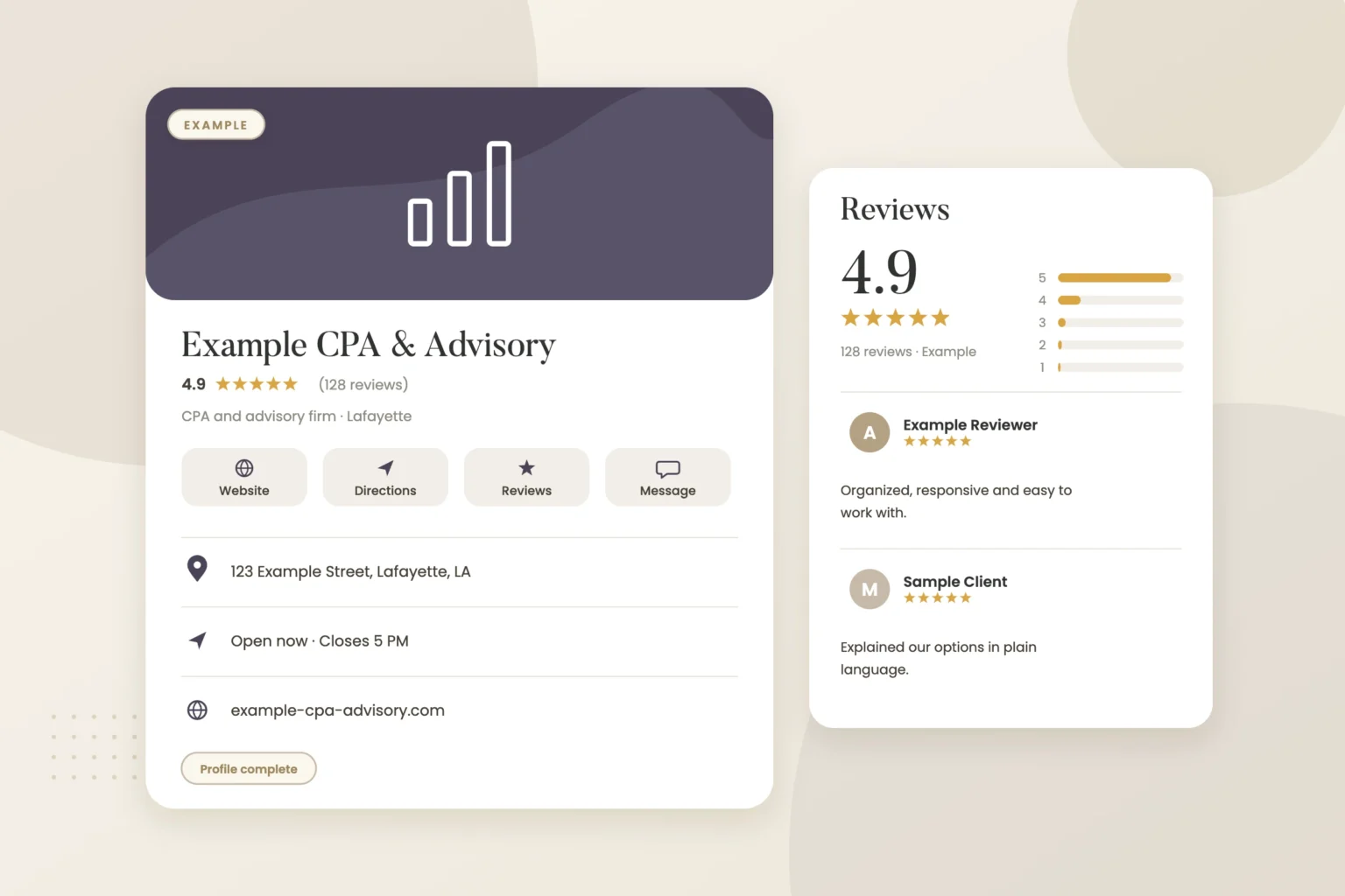 Example graphic: google business profile card with reviews for a fictional CPA firm, shown with sample data