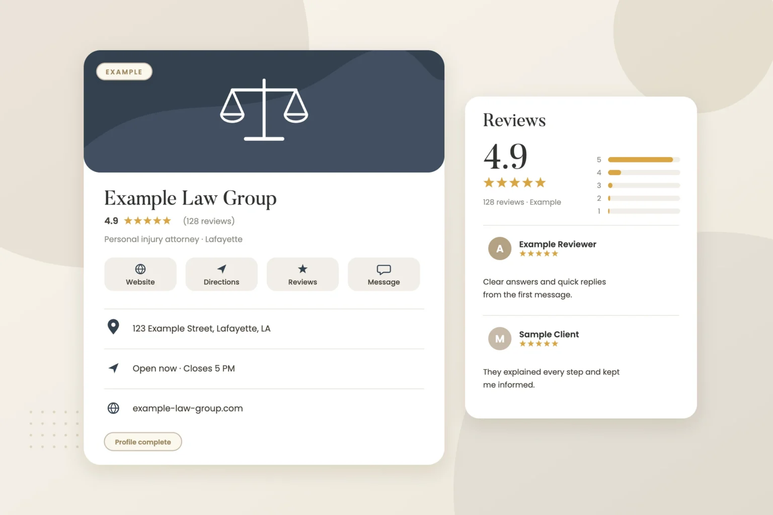 Example graphic: google business profile card with reviews for a fictional law firm, shown with sample data