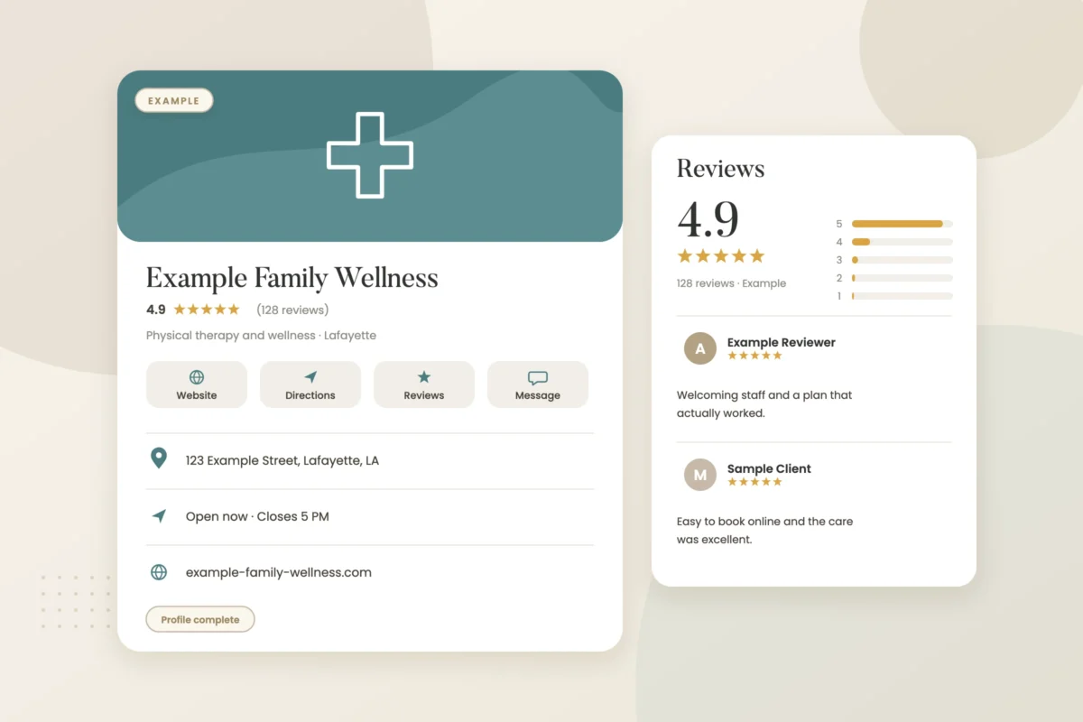 Example graphic: google business profile card with reviews for a fictional physical therapy clinic, shown with sample data
