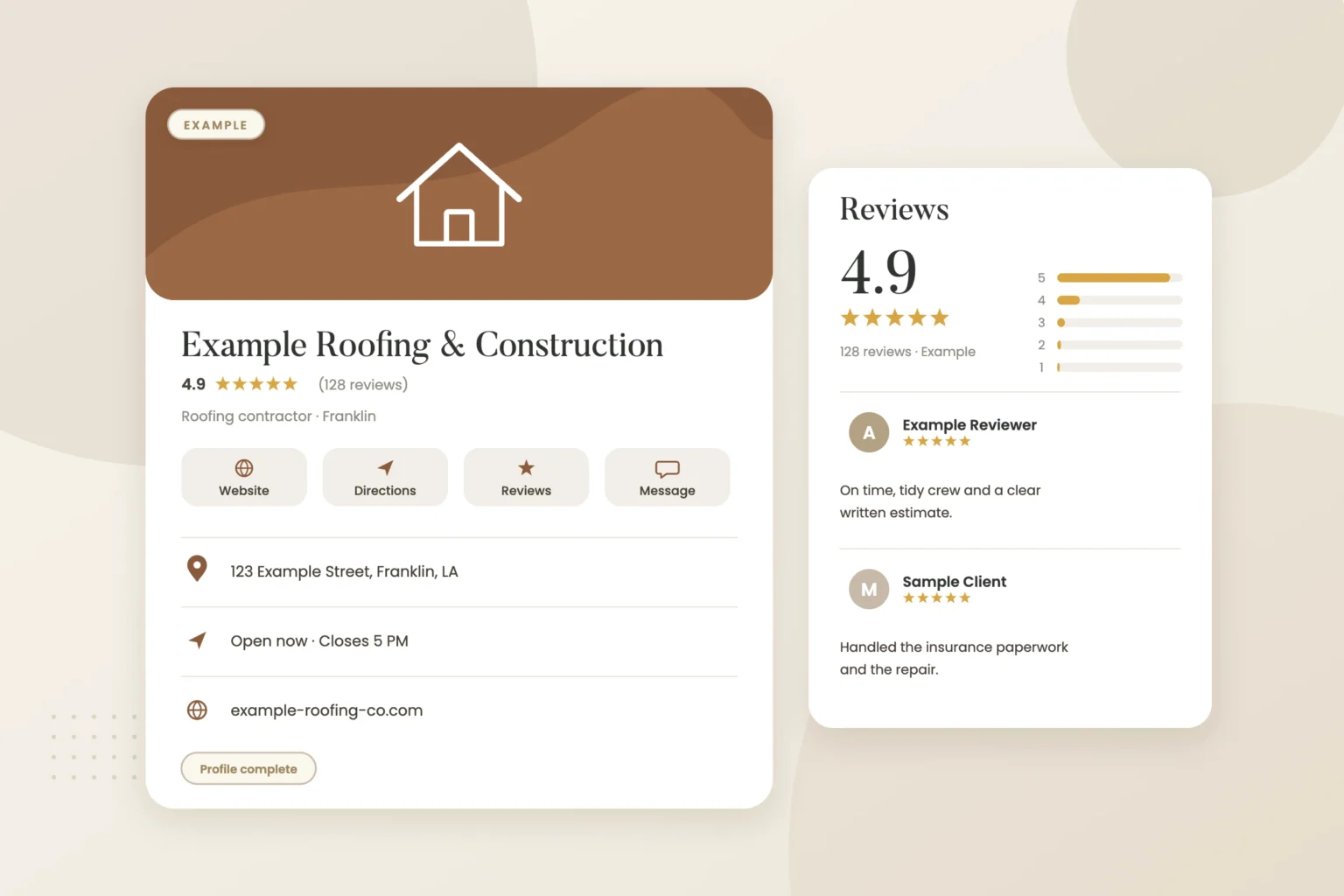 Example graphic: google business profile card with reviews for a fictional roofing company, shown with sample data