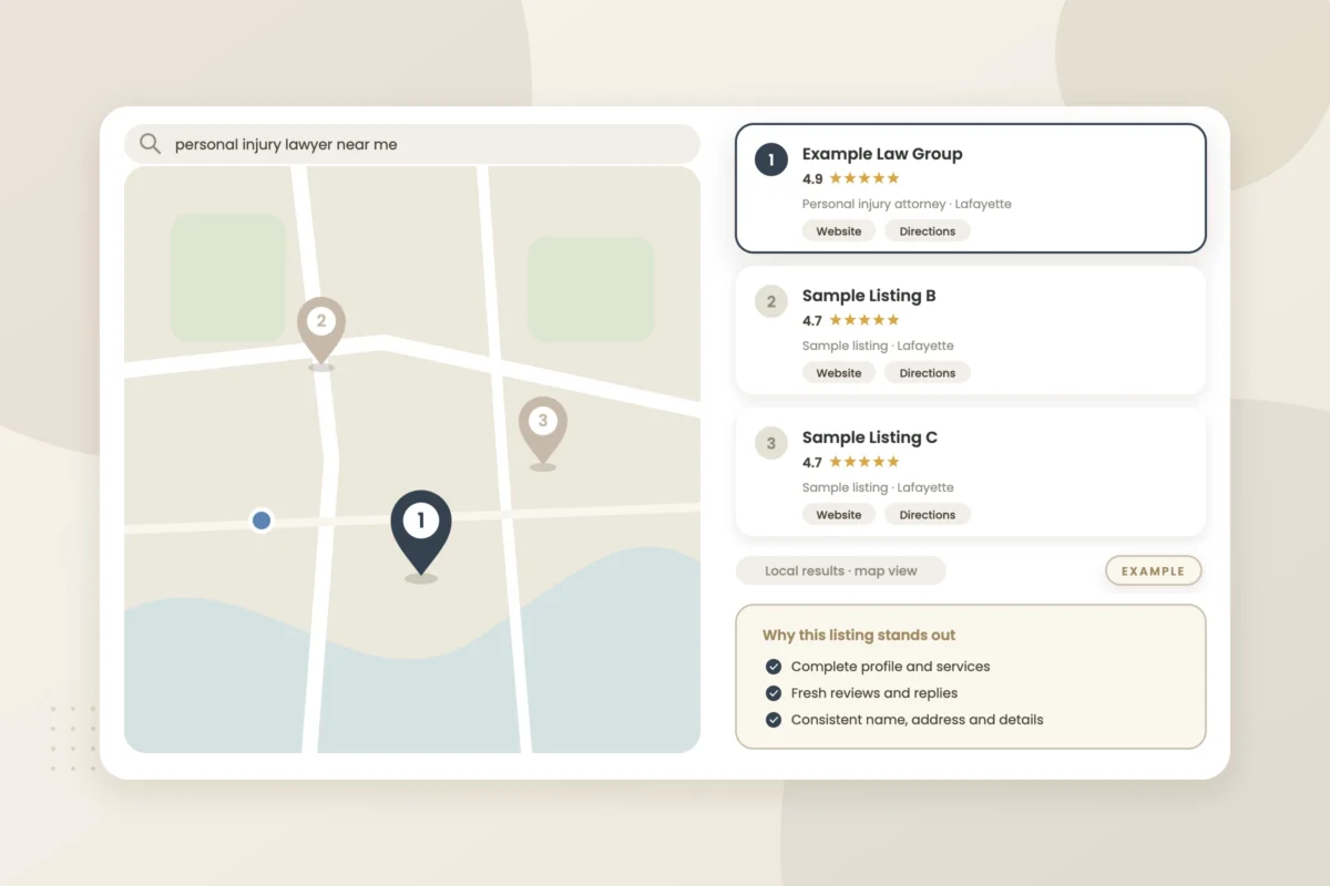 Example graphic: Google map pack on a phone for a fictional law firm, shown with sample data