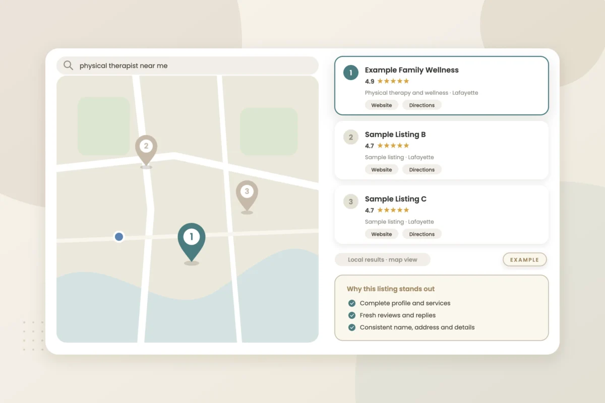 Example graphic: local map pack with ranking pin for a fictional physical therapy clinic, shown with sample data