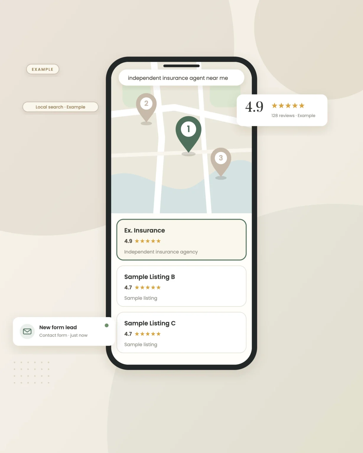 Example graphic: map pack on a phone for a fictional insurance agency, shown with sample data