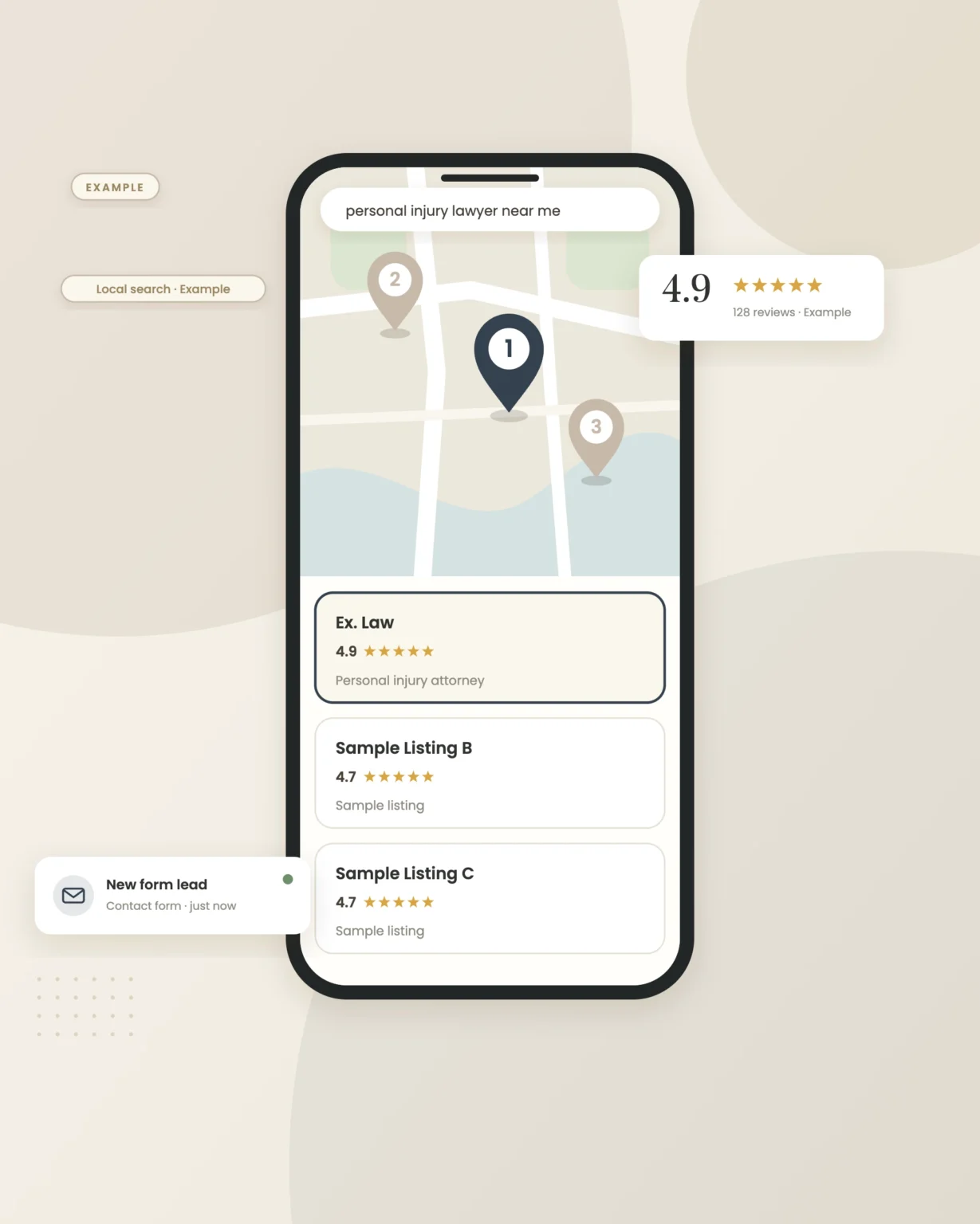 Example graphic: map pack on a phone for a fictional law firm, shown with sample data
