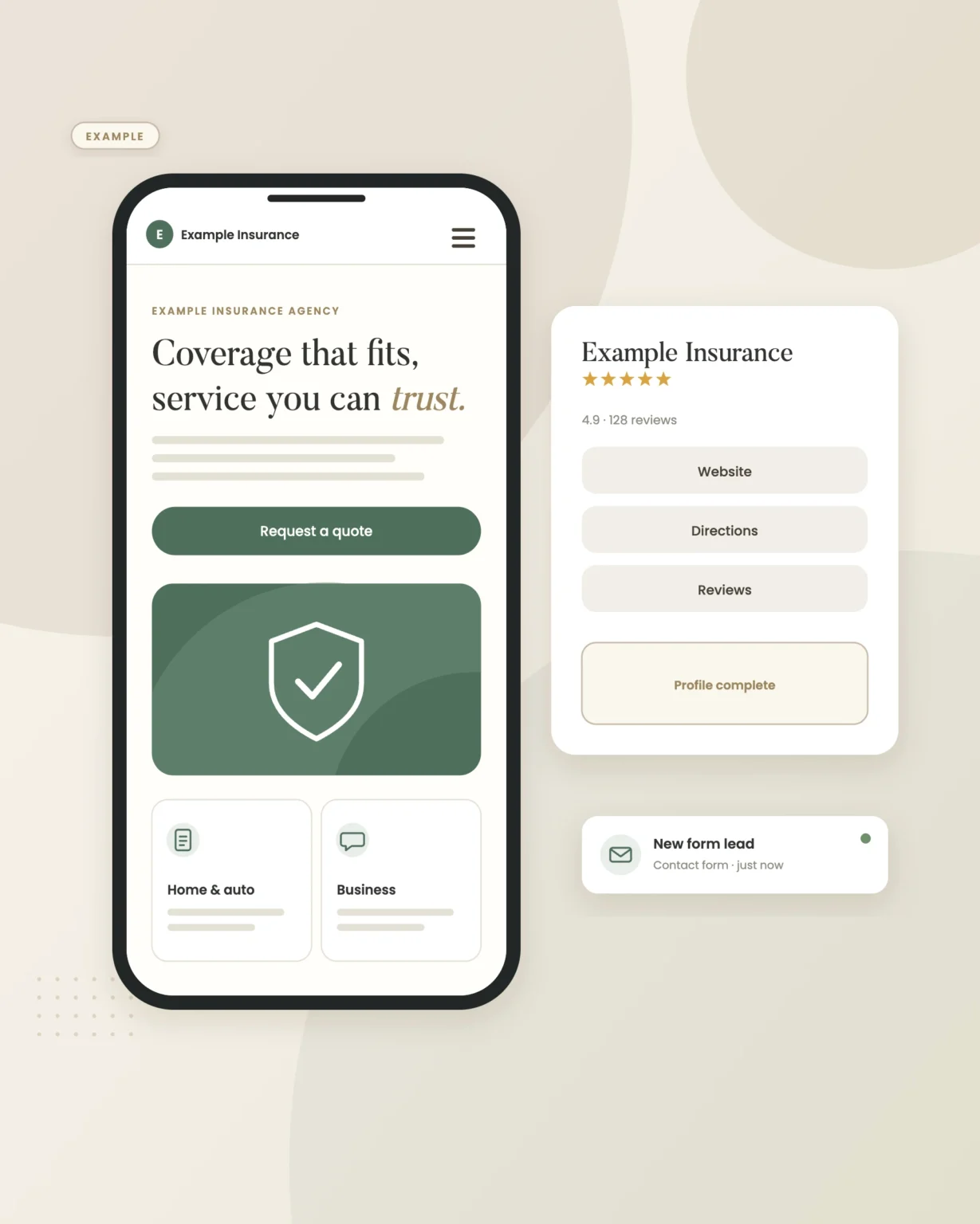 Example graphic: mobile website and business profile for a fictional insurance agency, shown with sample data