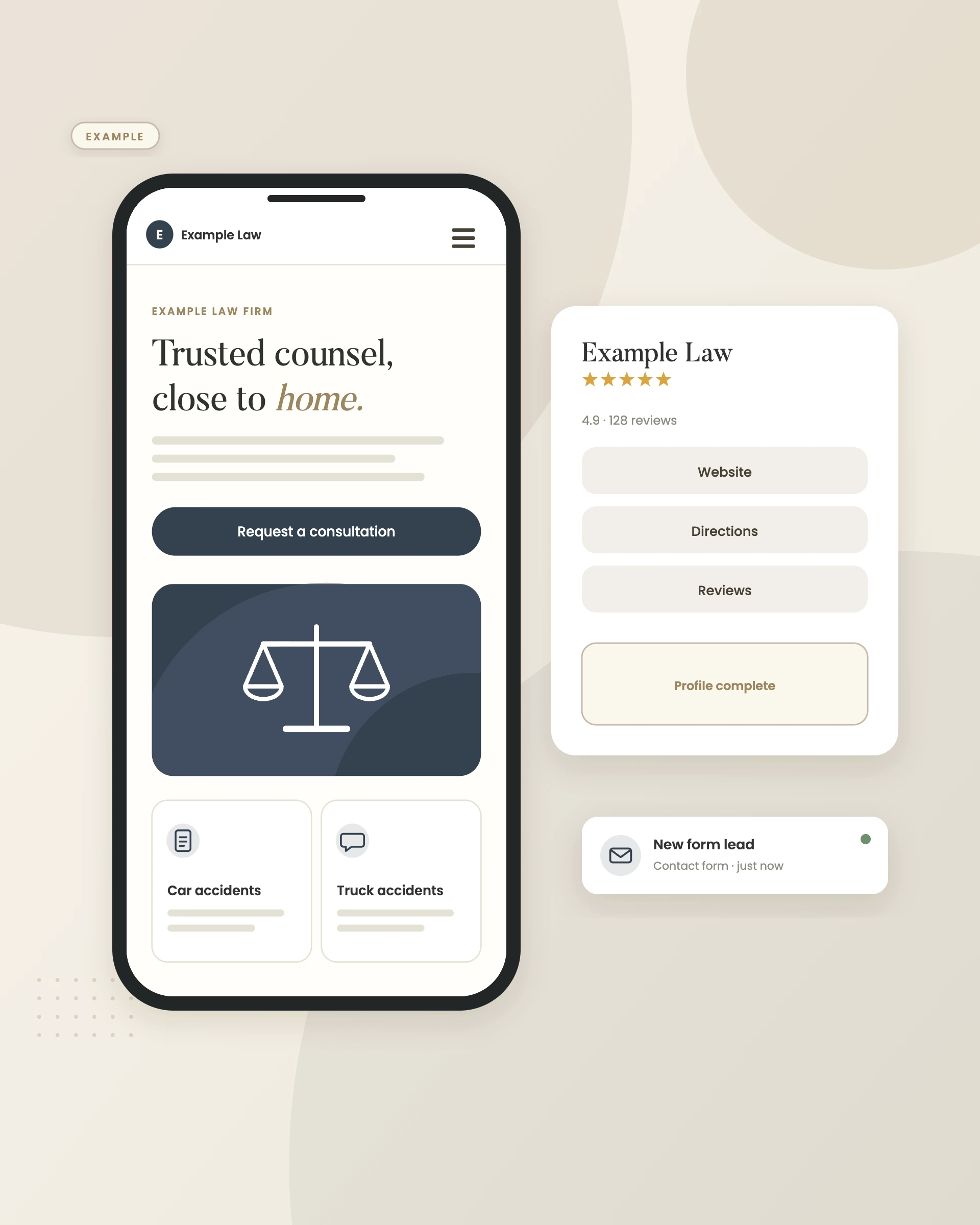 Example graphic: mobile website and business profile for a fictional law firm, shown with sample data