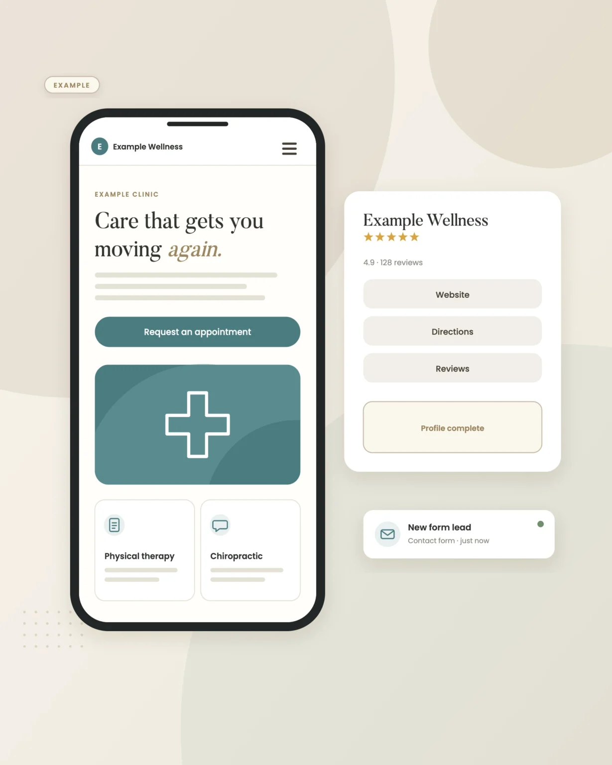 Example graphic: mobile website and business profile for a fictional physical therapy clinic, shown with sample data