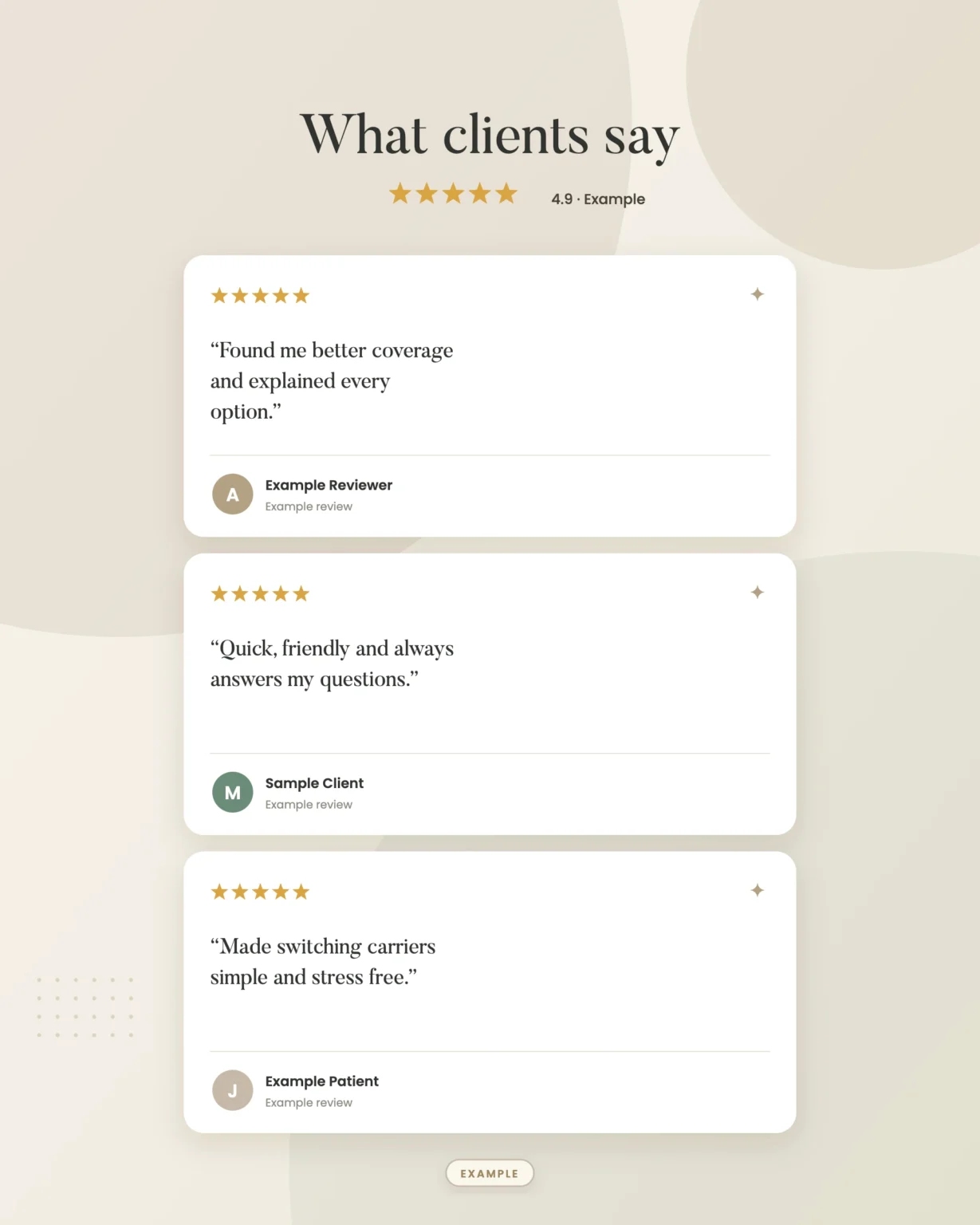 Example graphic: customer reviews stack for a fictional insurance agency, shown with sample data