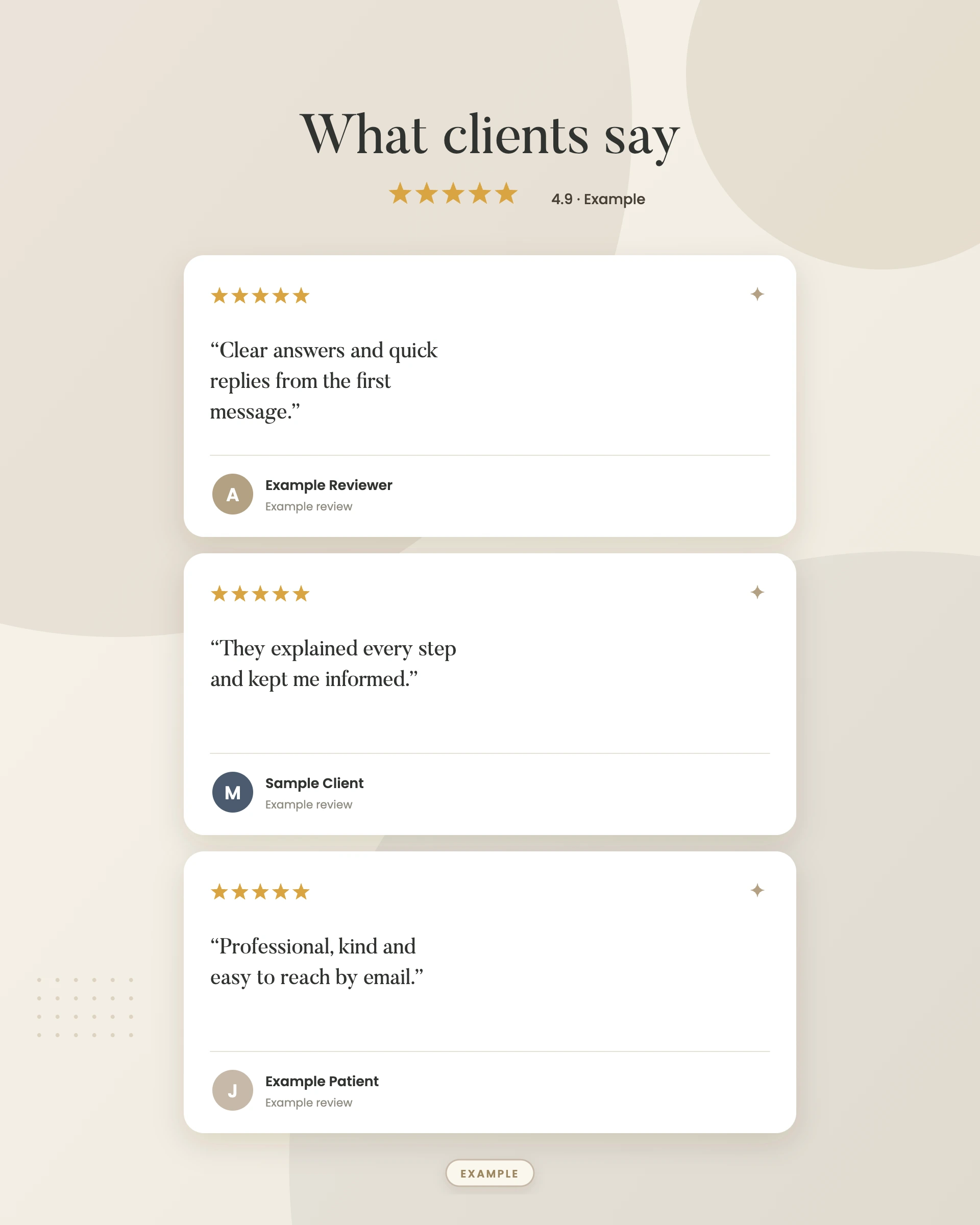 Example graphic: customer reviews stack for a fictional law firm, shown with sample data