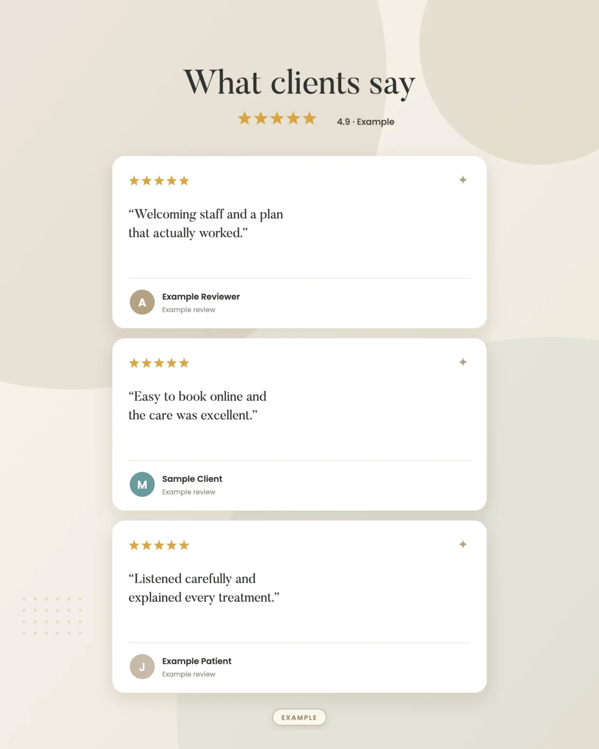 Example graphic: customer reviews stack for a fictional physical therapy clinic, shown with sample data