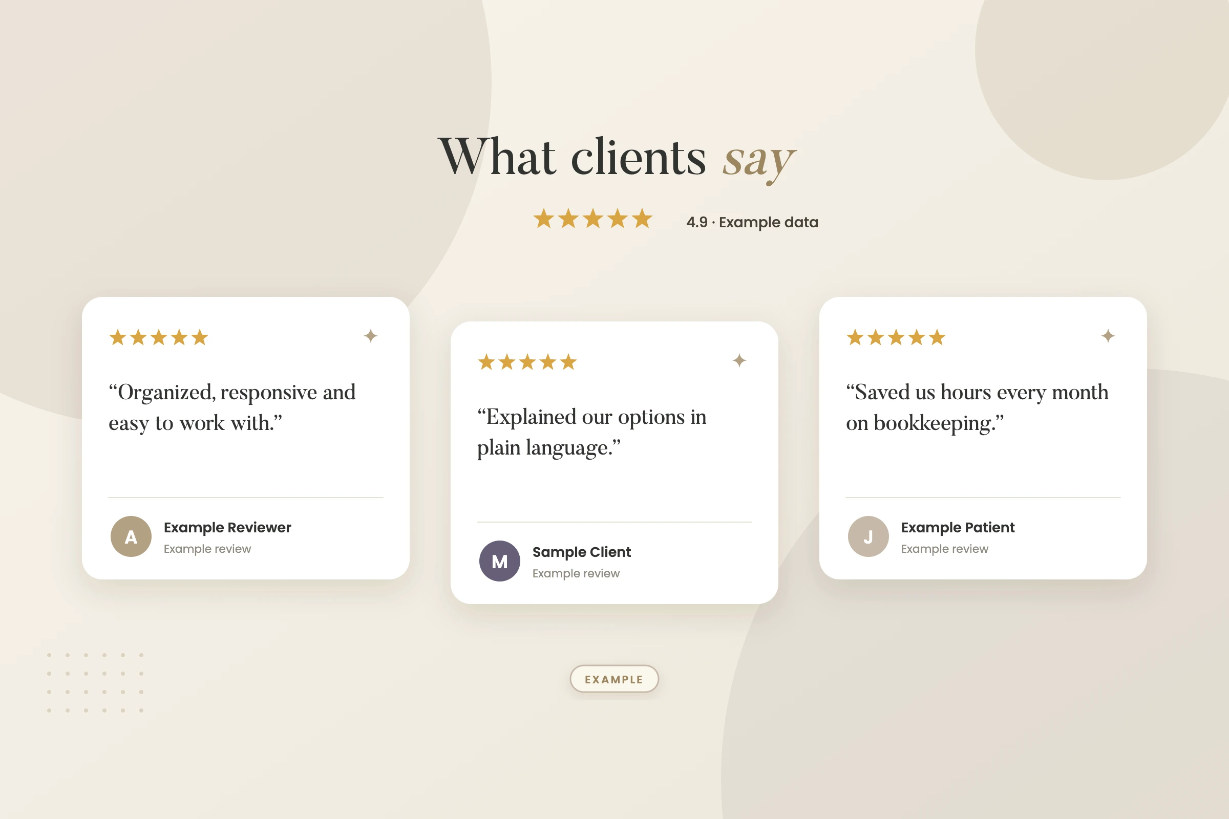 Example graphic: customer reviews widget for a fictional CPA firm, shown with sample data