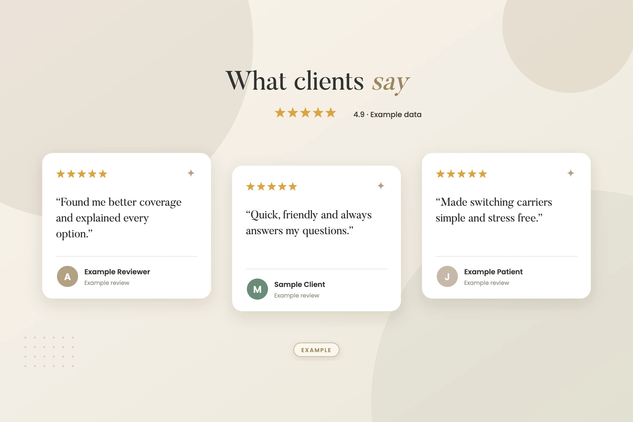 Example graphic: customer reviews widget for a fictional insurance agency, shown with sample data
