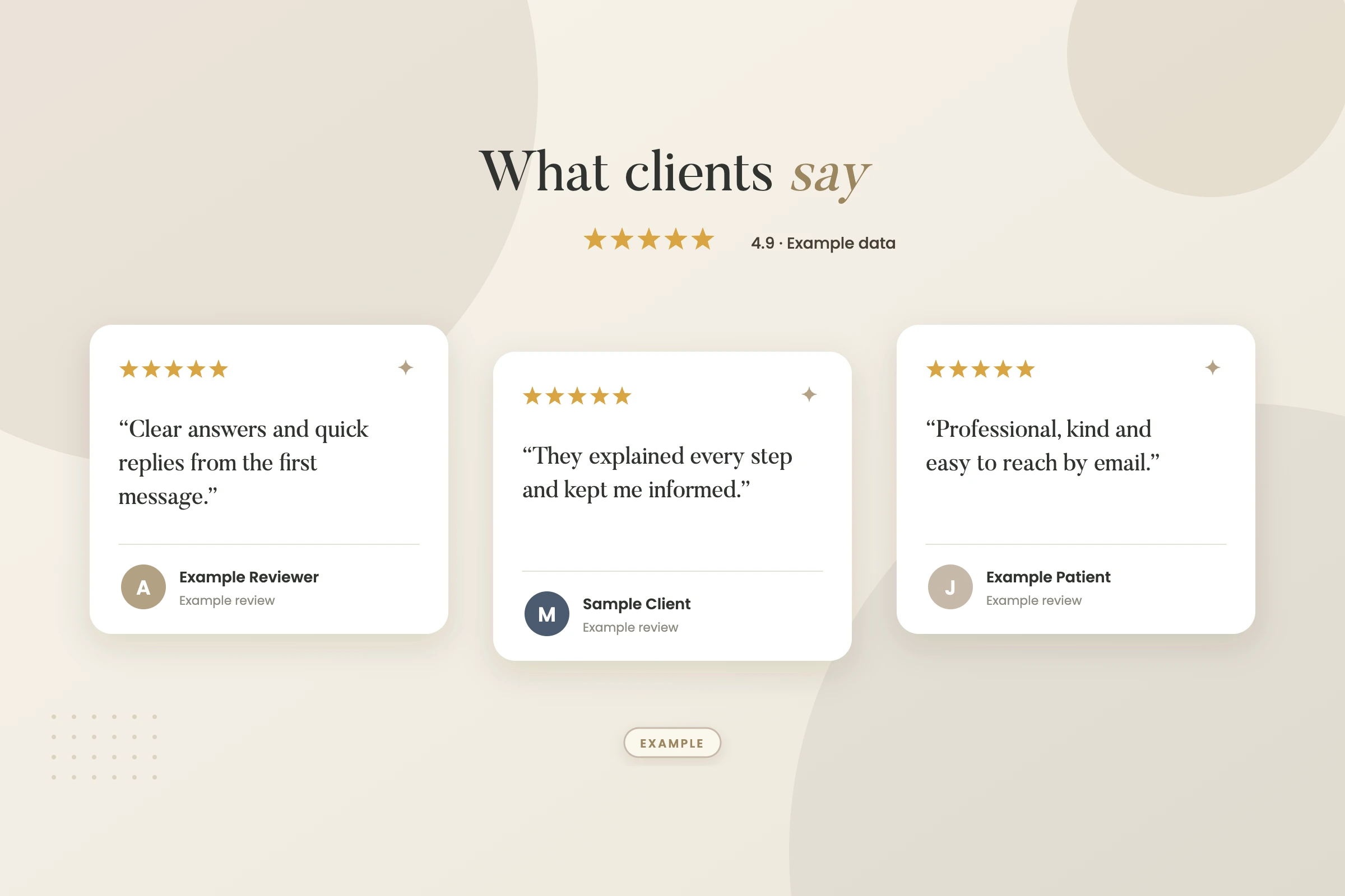 Example graphic: customer reviews widget for a fictional law firm, shown with sample data