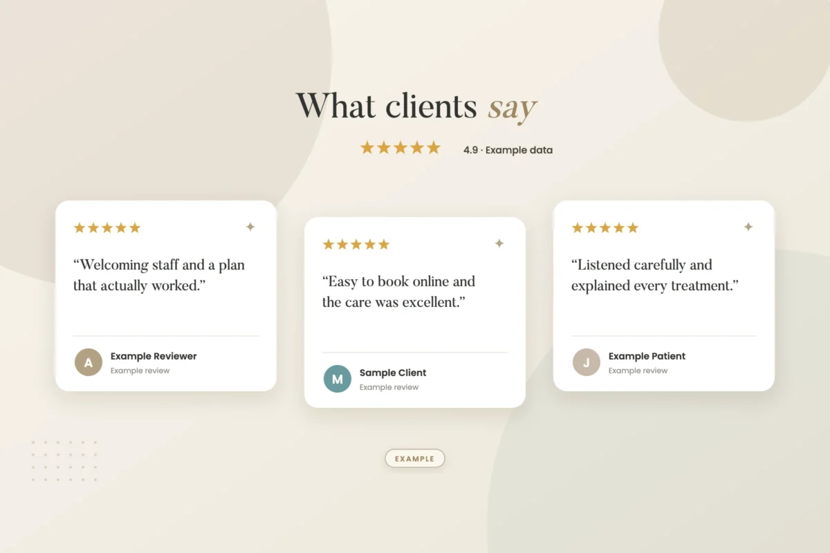 Example graphic: customer reviews widget for a fictional physical therapy clinic, shown with sample data