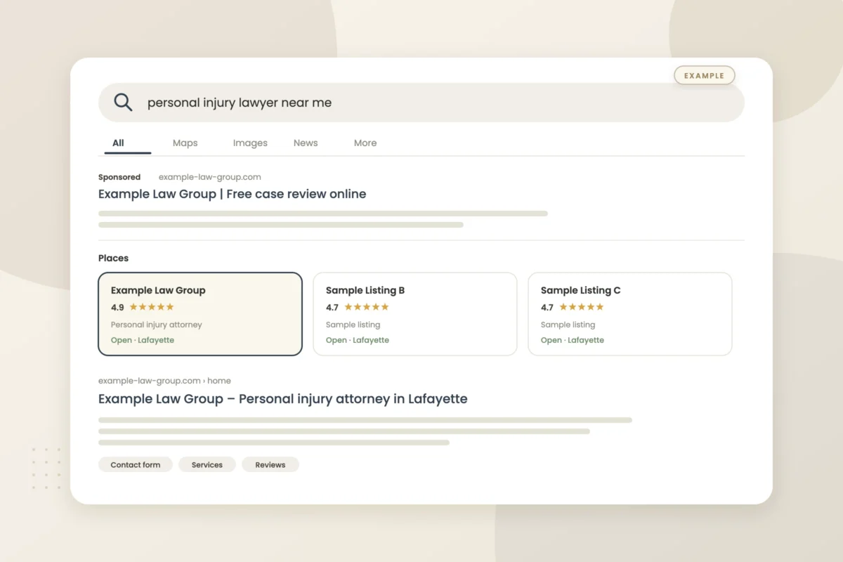 Example graphic: search results card for a fictional law firm, shown with sample data