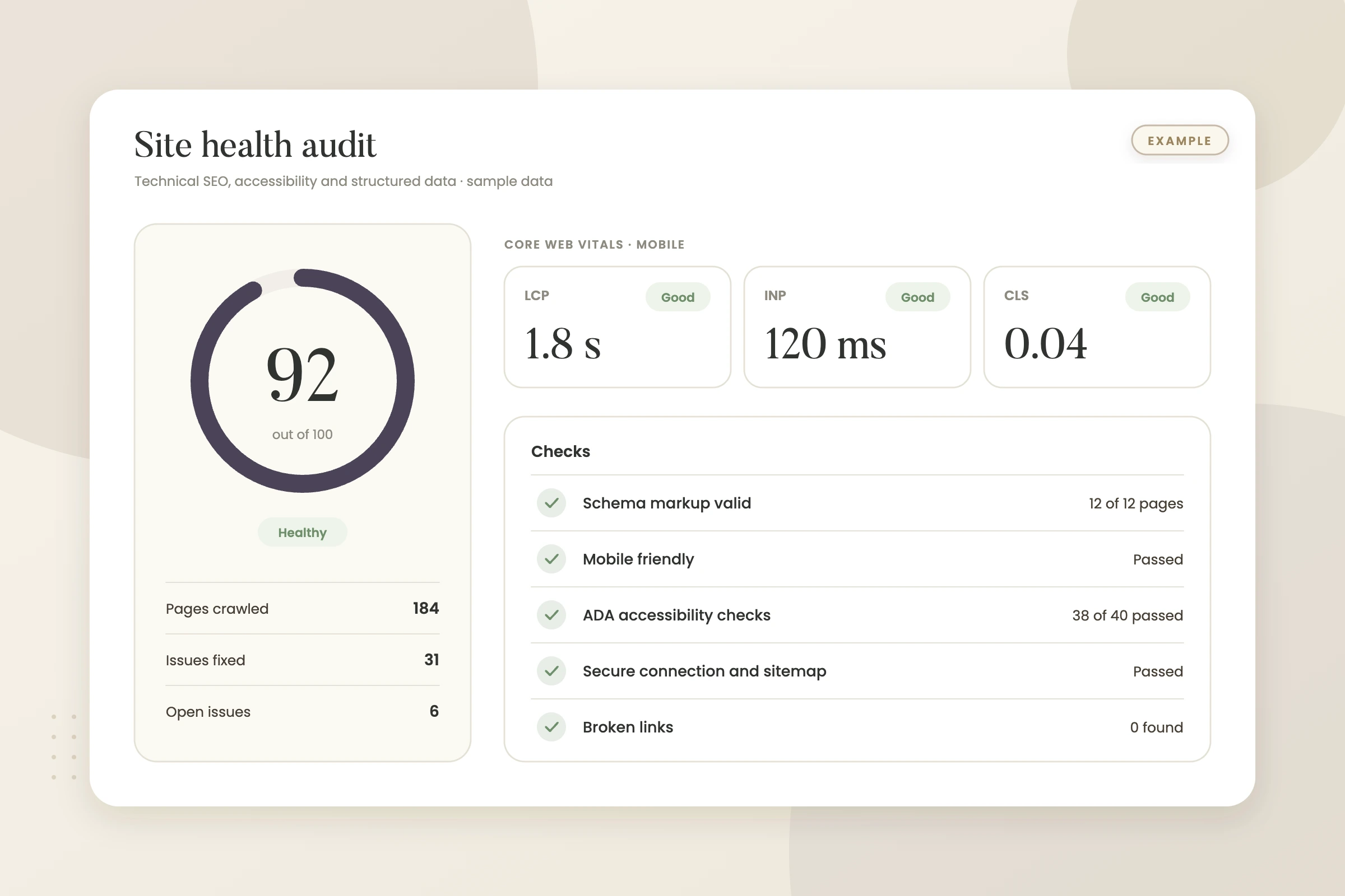 Example graphic: site health and technical seo audit for a fictional CPA firm, shown with sample data