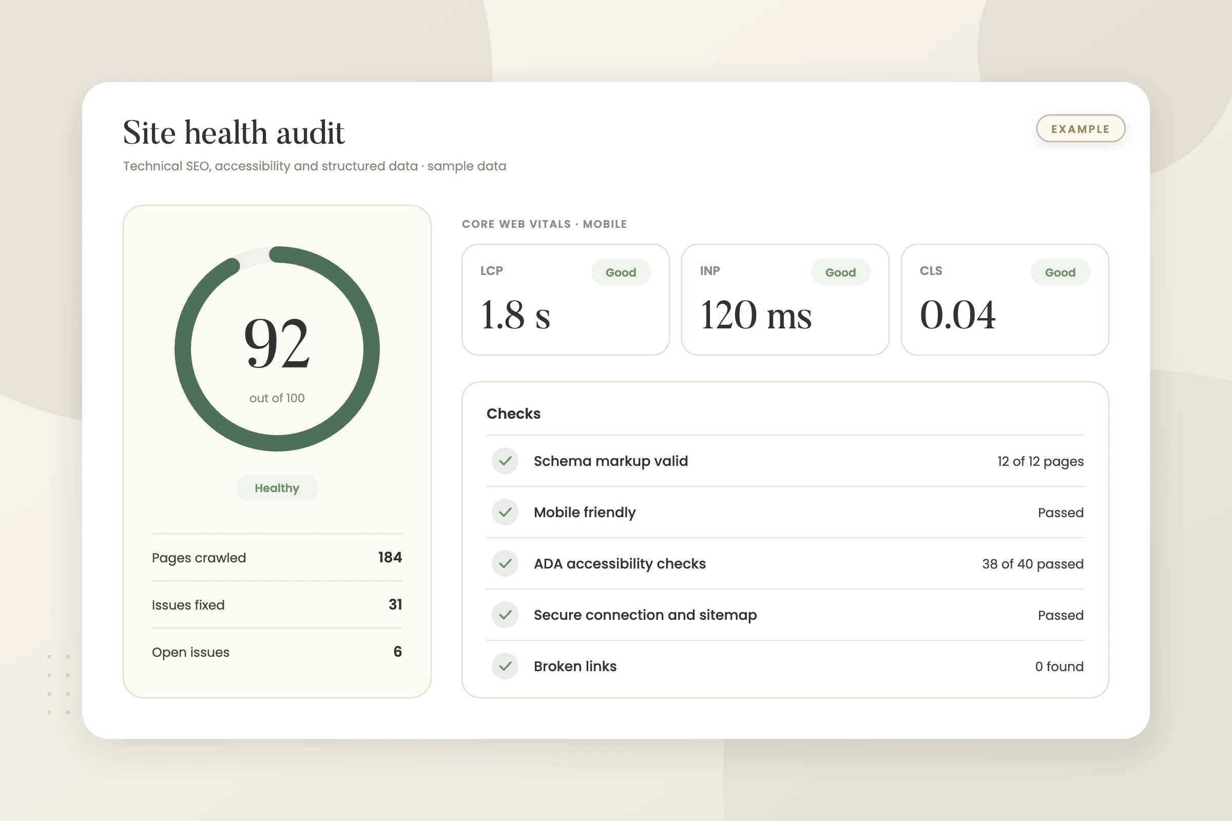 Example graphic: site health and technical seo audit for a fictional insurance agency, shown with sample data